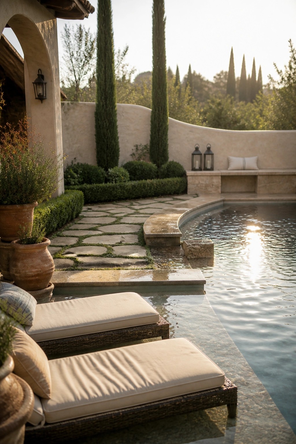 Poolside lounge chairs by stone path, cypress trees, and sunlit pool.