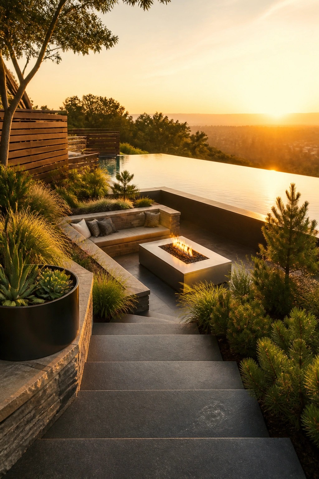 Dark stone steps lead down to a rectangular metal fire pit with built-in stone bench seating and cushions, next to an infinity pool and landscaped plants at sunset.