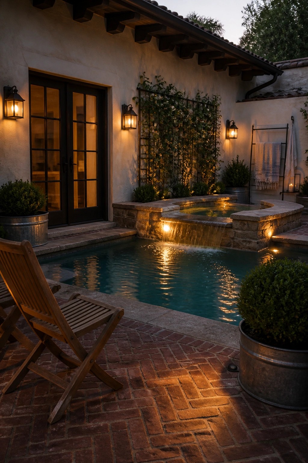 Evening pool with waterfall, wooden chair on brick patio, glowing lanterns and potted plants