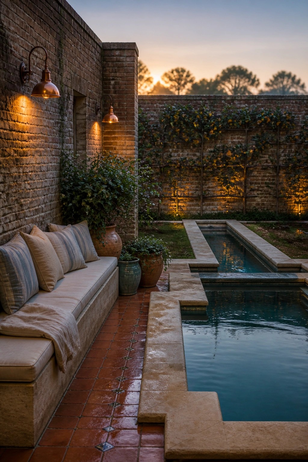 A rectangular pool edged in light stone with terracotta tile decking, potted plants, a built-in cushioned bench against a brick wall, and climbing vines on a trellis at dusk.