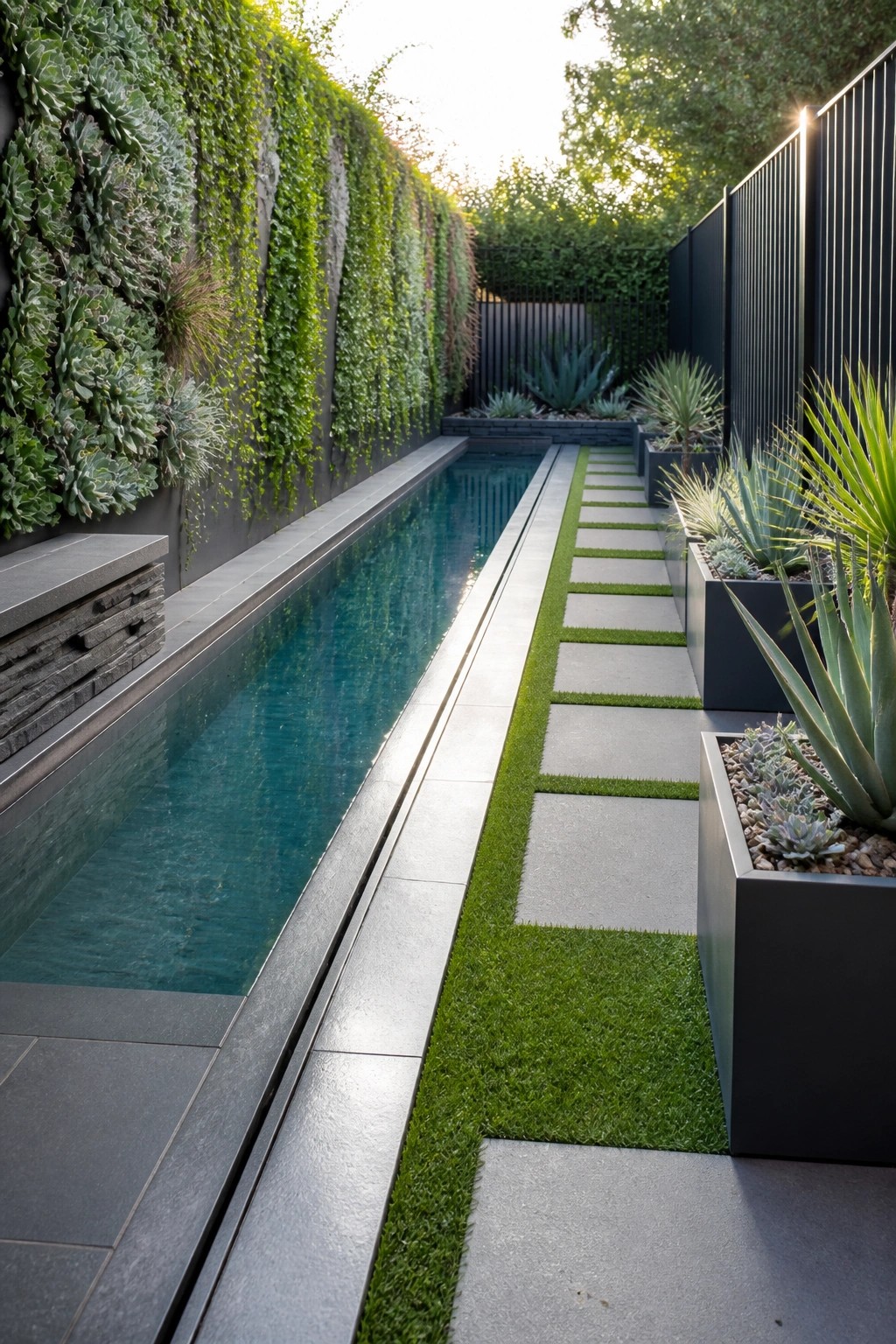 A narrow rectangular pool sits next to a tall vertical wall covered in green succulents, with a linear path of stone pavers and grass strips running alongside it.