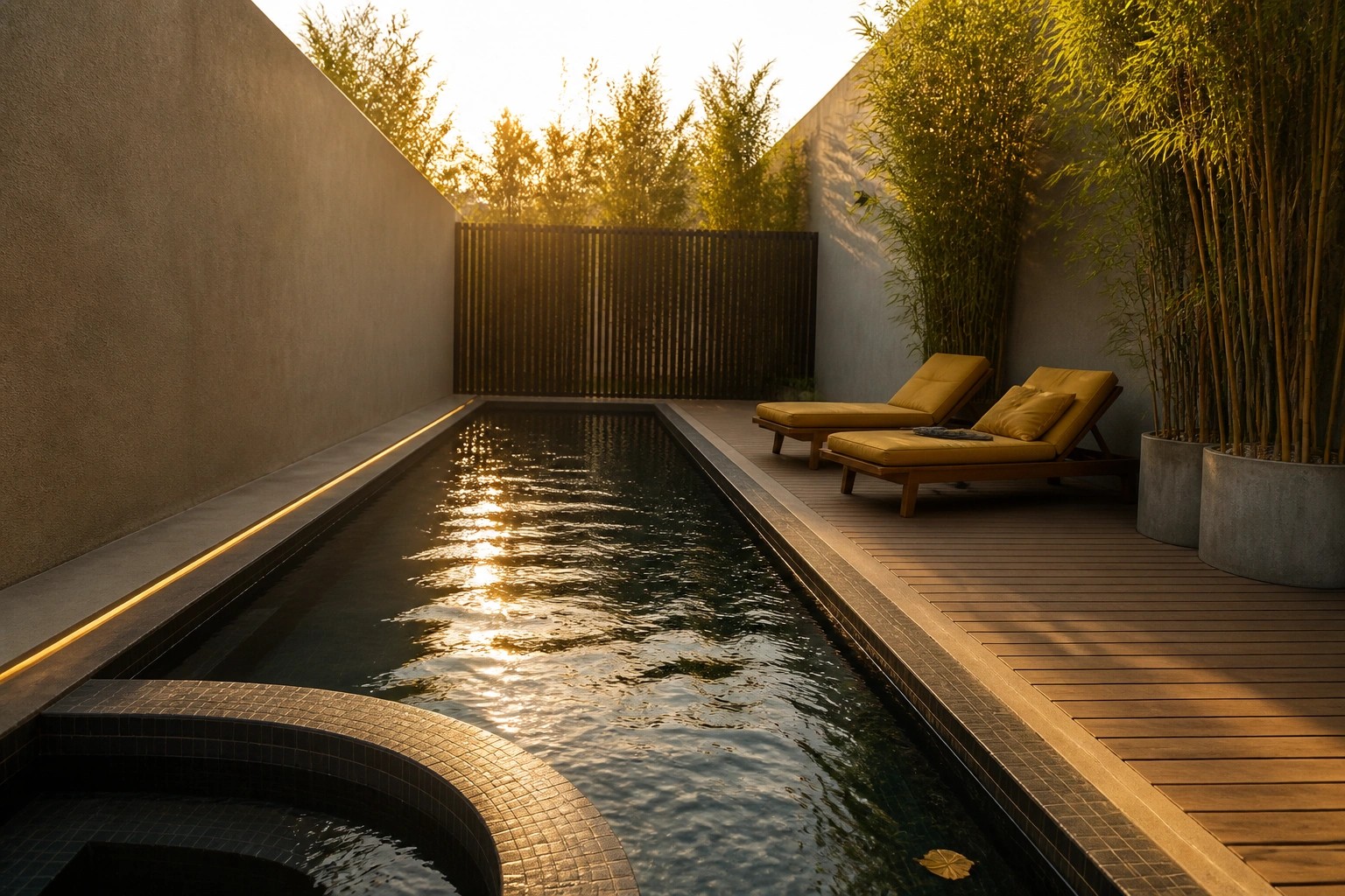 A narrow lap pool bordered by tall bamboo in concrete planters, with two wooden lounge chairs on a deck to one side.