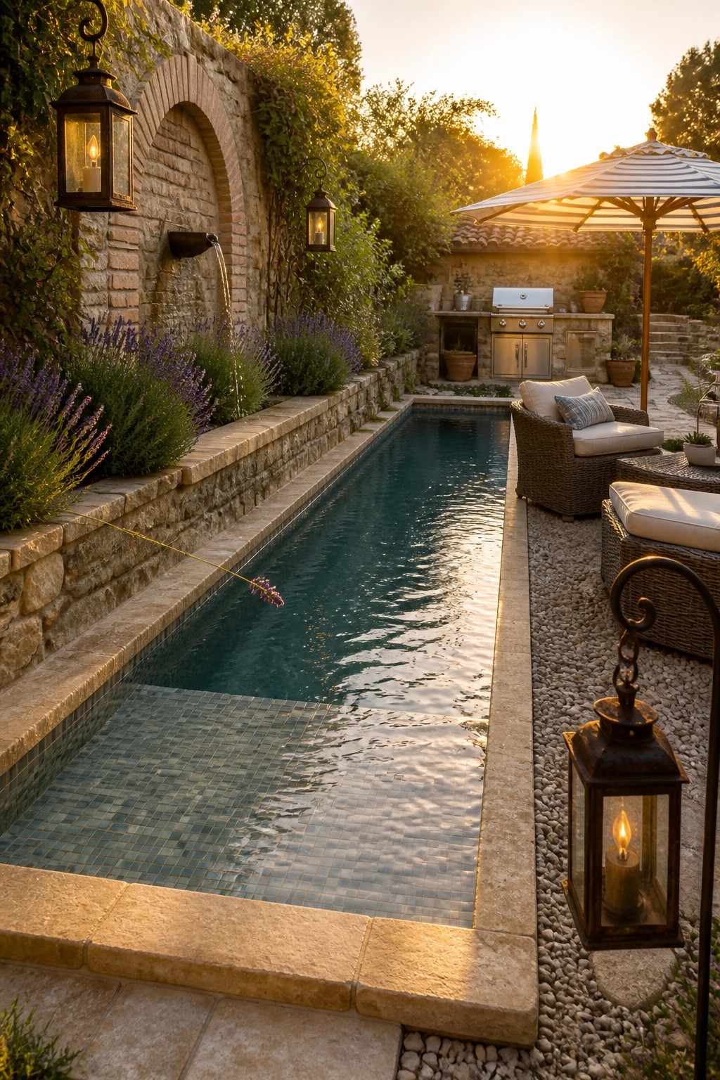 A long narrow lap pool runs between a tall stone wall and a gravel patio with wicker seating and a striped umbrella.