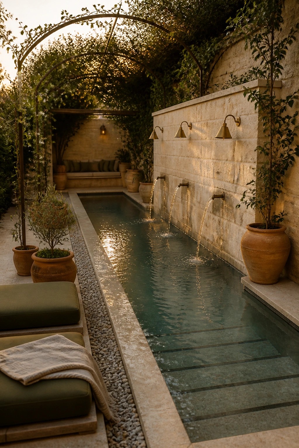 A long narrow lap pool set against a stone wall fitted with multiple wall-mounted water spouts, with potted plants, a gravel path, and lounge seating nearby.