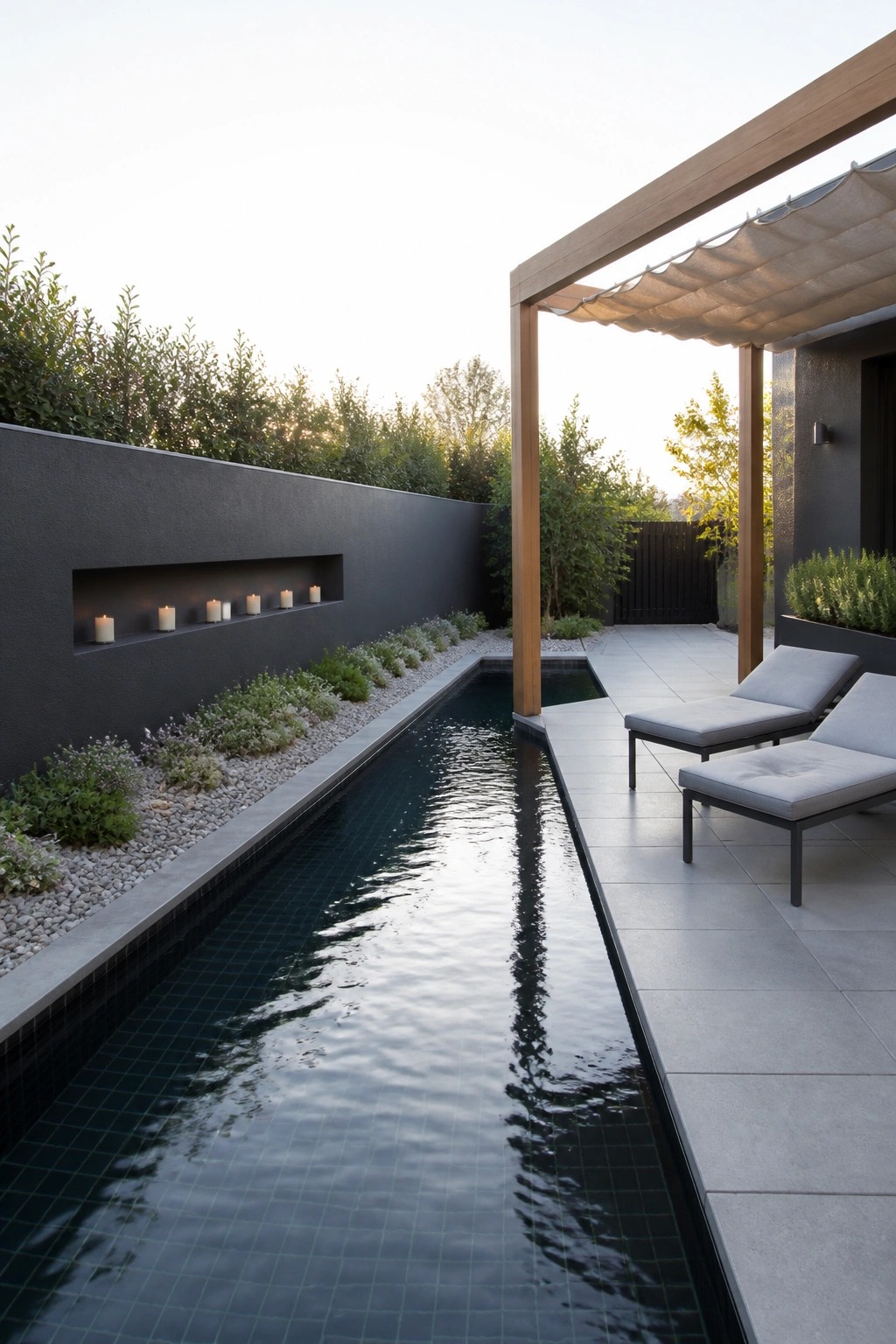 22 Minimalist Modern Pool Ideas for a Calm Contemporary Backyard A long narrow lap pool with dark tiles runs beside a concrete patio holding two gray lounge chairs under a wooden pergola with a shade canopy.