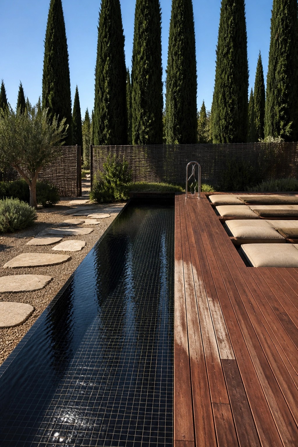 22 Minimalist Modern Pool Ideas for a Calm Contemporary Backyard A long narrow pool with dark grid tiles runs beside a wooden deck holding several beige lounge cushions, with tall trees and a stone path visible in the background.