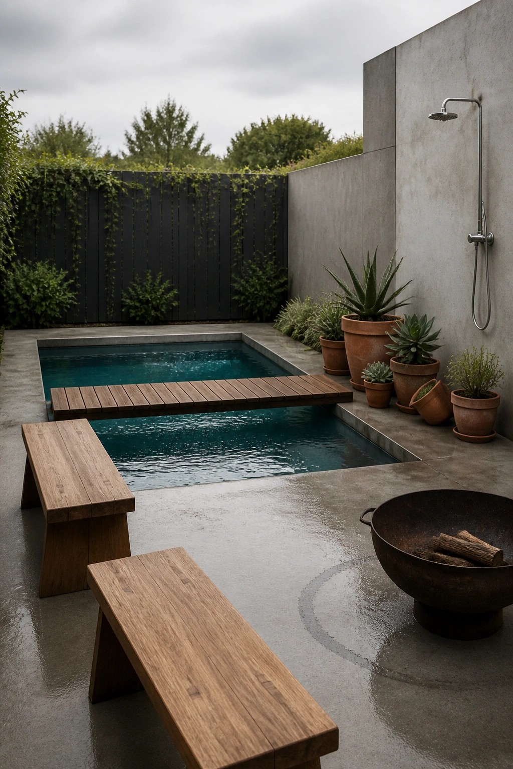 22 Minimalist Modern Pool Ideas for a Calm Contemporary Backyard A modern rectangular pool crossed by a low wooden bridge, set in a concrete courtyard with potted plants along one wall, an outdoor shower, scattered wooden benches, and a fire pit.