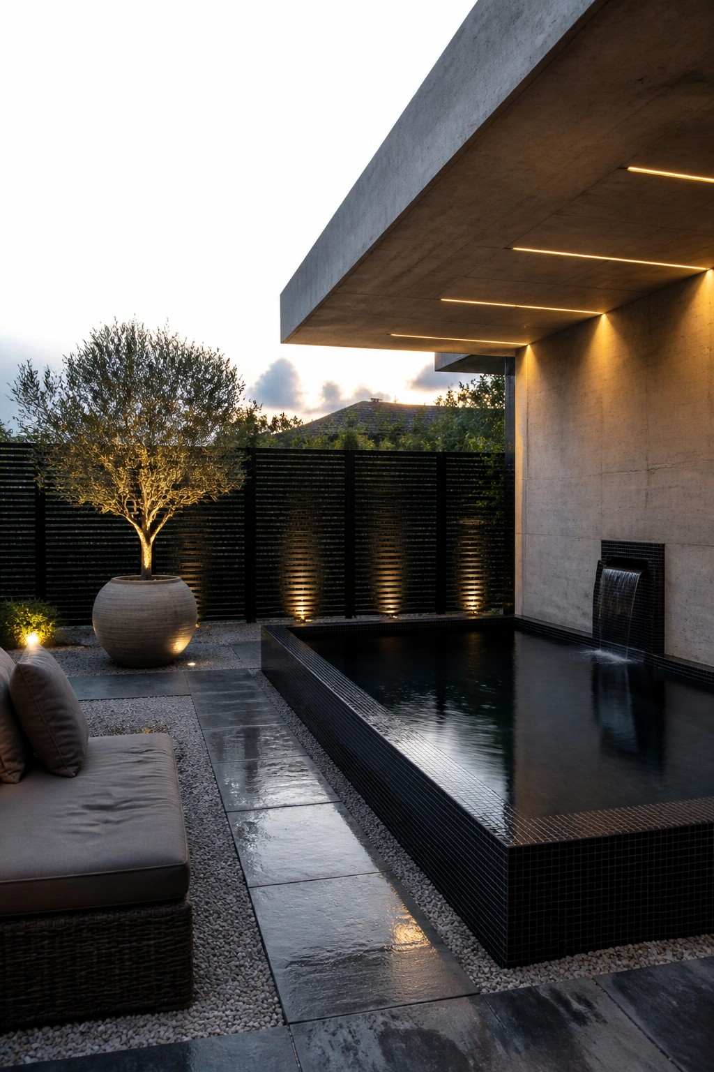 22 Minimalist Modern Pool Ideas for a Calm Contemporary Backyard A modern outdoor pool with black mosaic tile edges features a small waterfall on the concrete wall, surrounded by stone paving, gravel, a potted tree, and a daybed.