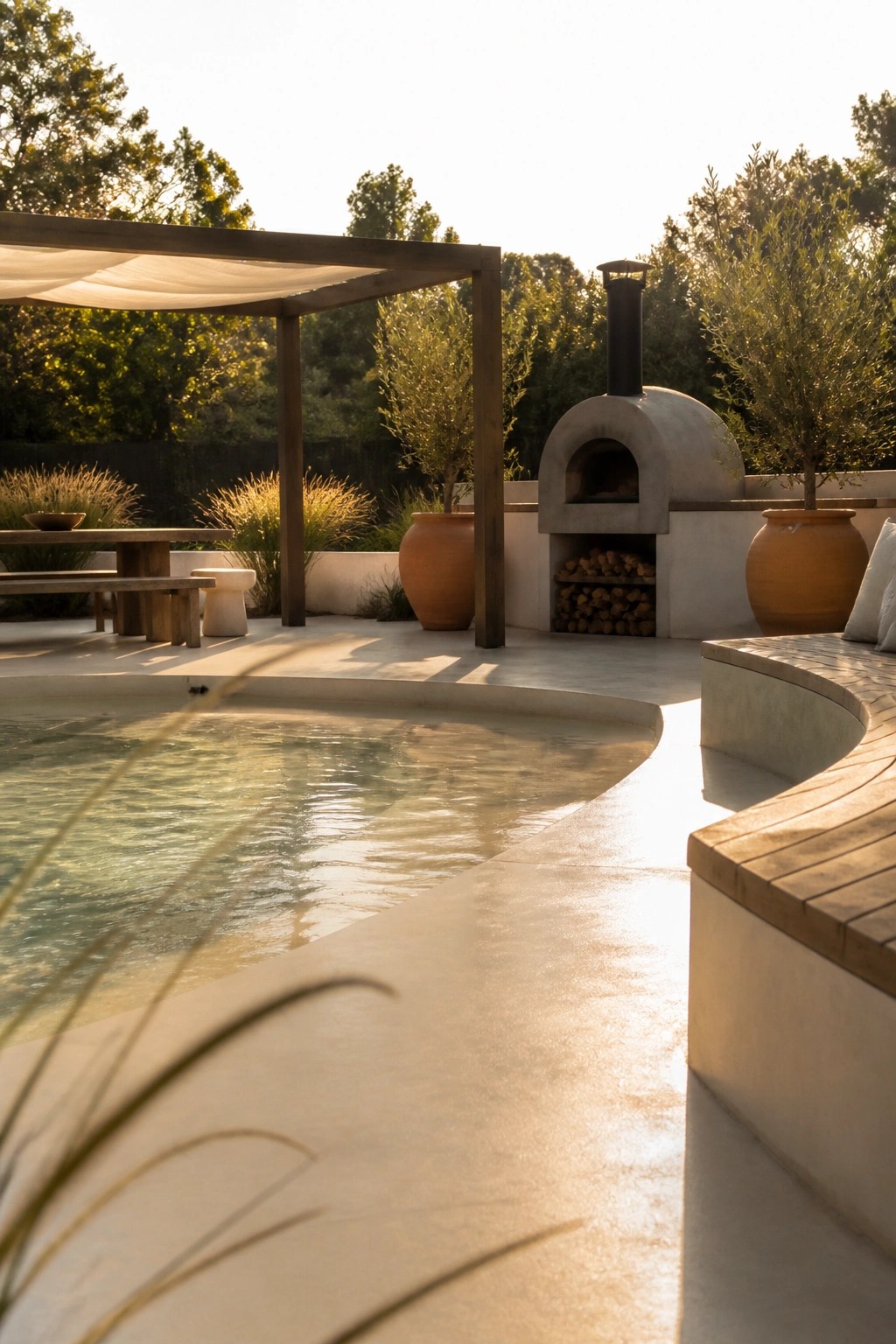 22 Minimalist Modern Pool Ideas for a Calm Contemporary Backyard A minimalist backyard pool with a wooden pergola and fabric shade over a dining table, curved built-in seating, large terracotta pots, and an outdoor oven.