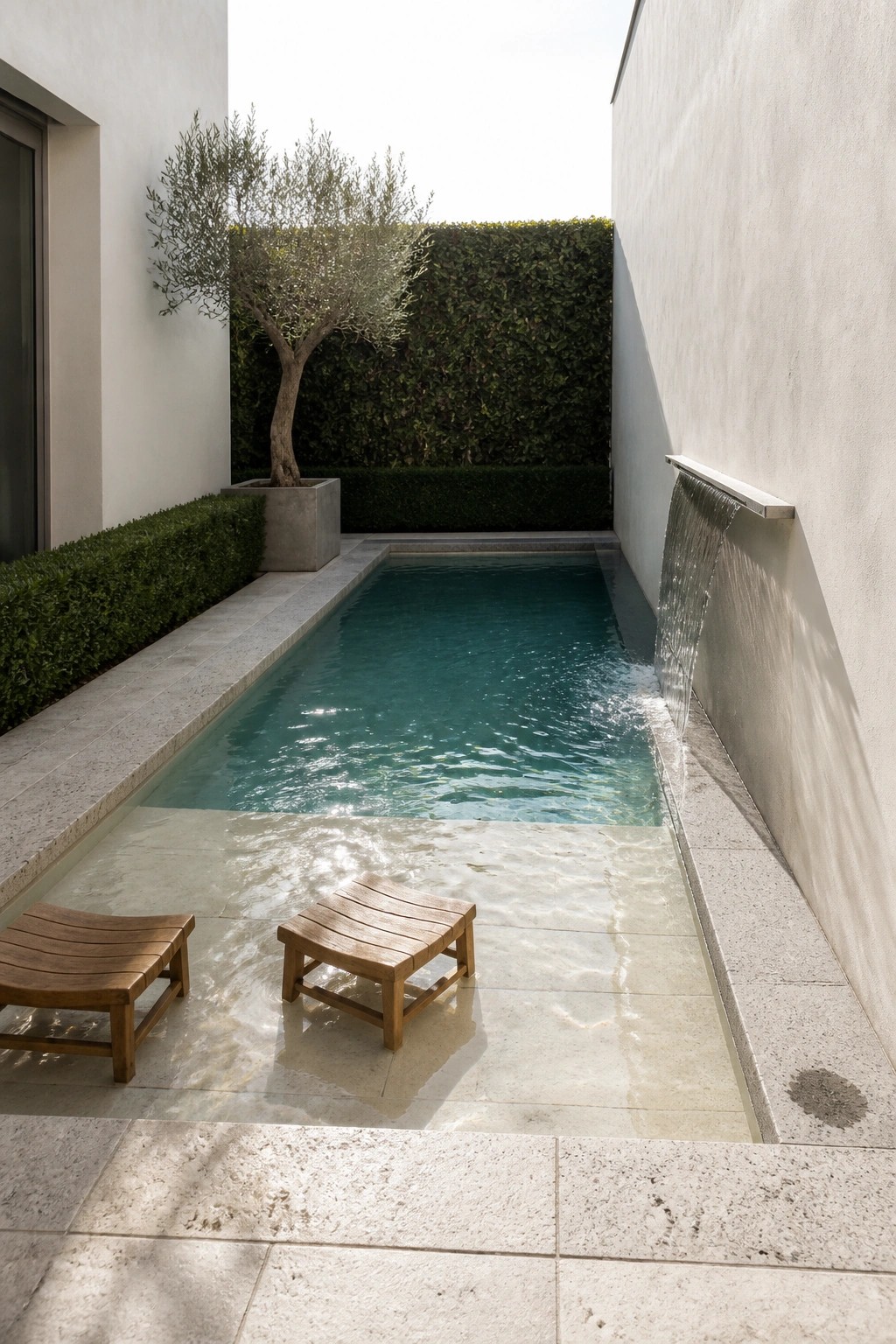 22 Minimalist Modern Pool Ideas for a Calm Contemporary Backyard Narrow turquoise pool with waterfall, wooden benches, olive tree, and green hedges.