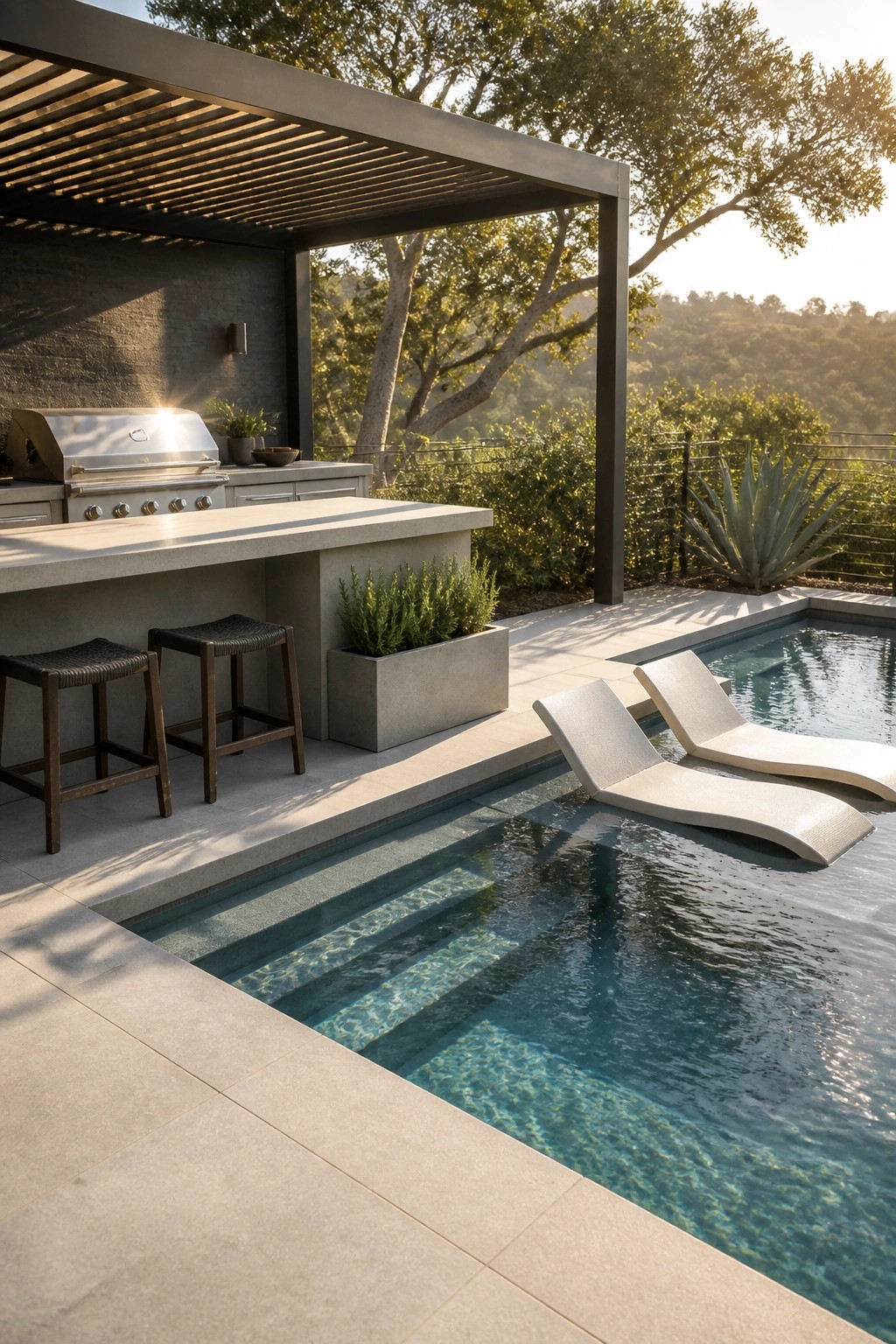 22 Minimalist Modern Pool Ideas for a Calm Contemporary Backyard A modern outdoor kitchen with a long concrete bar, built-in grill, and two woven stools sits directly beside a rectangular pool, with two white lounge chairs along the water's edge.