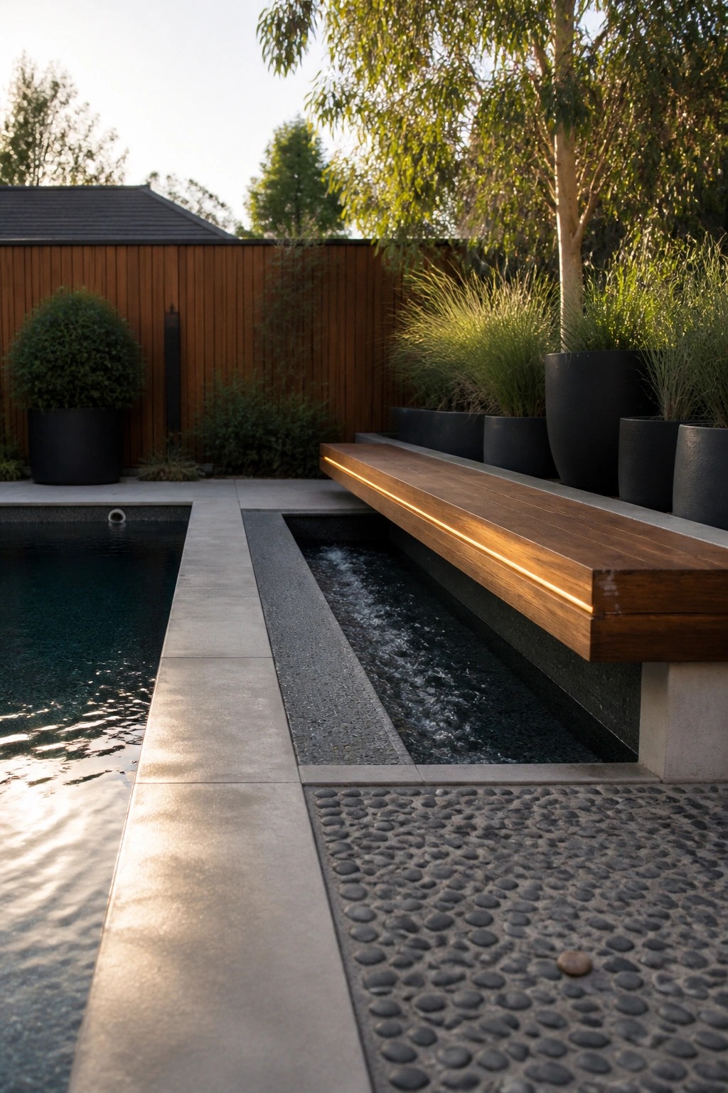 22 Minimalist Modern Pool Ideas for a Calm Contemporary Backyard A modern poolside area with a long wooden bench lit from below spanning a narrow flowing water channel beside black planters and a pebble surface.