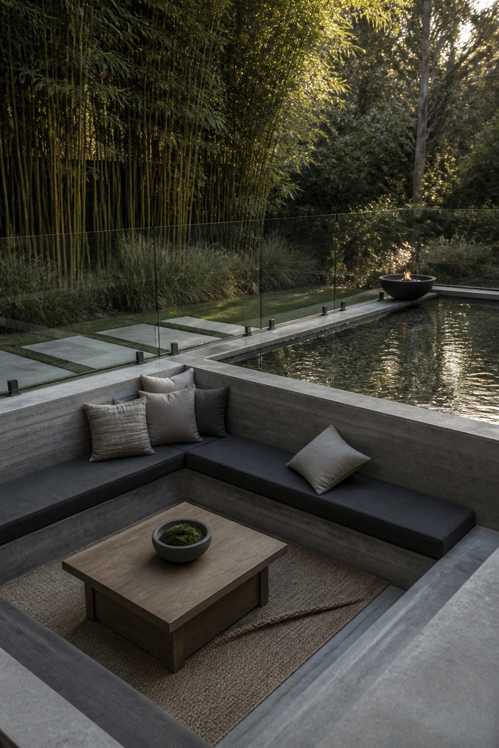 22 Minimalist Modern Pool Ideas for a Calm Contemporary Backyard A minimalist outdoor lounge with built-in gray concrete benches and dark cushions beside a rectangular pool, framed by bamboo and a glass railing.