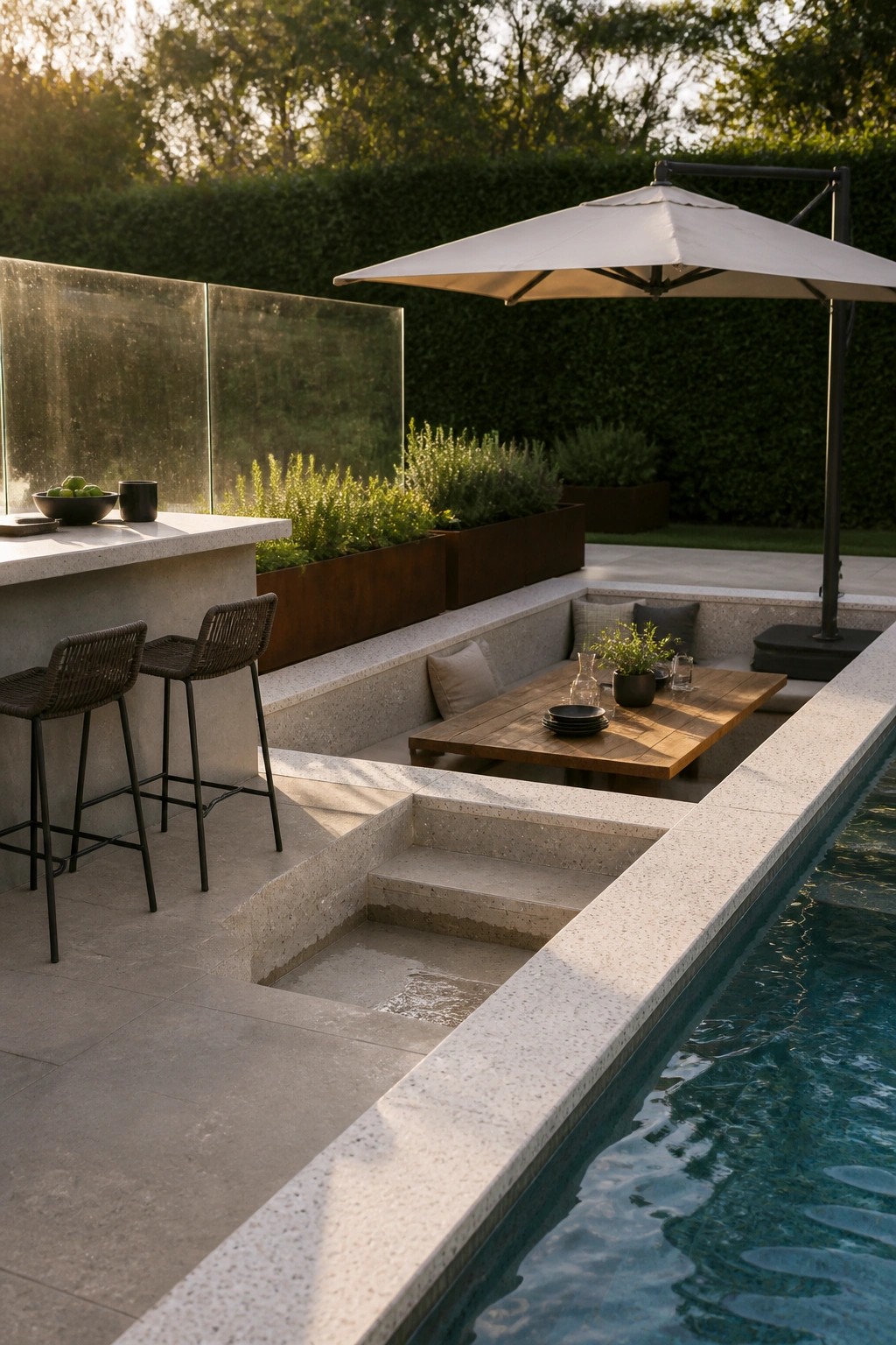 22 Minimalist Modern Pool Ideas for a Calm Contemporary Backyard Modern pool area showing built-in concrete benches, a bar counter with two woven stools, a wooden dining table under a large umbrella, and steps descending into the water.