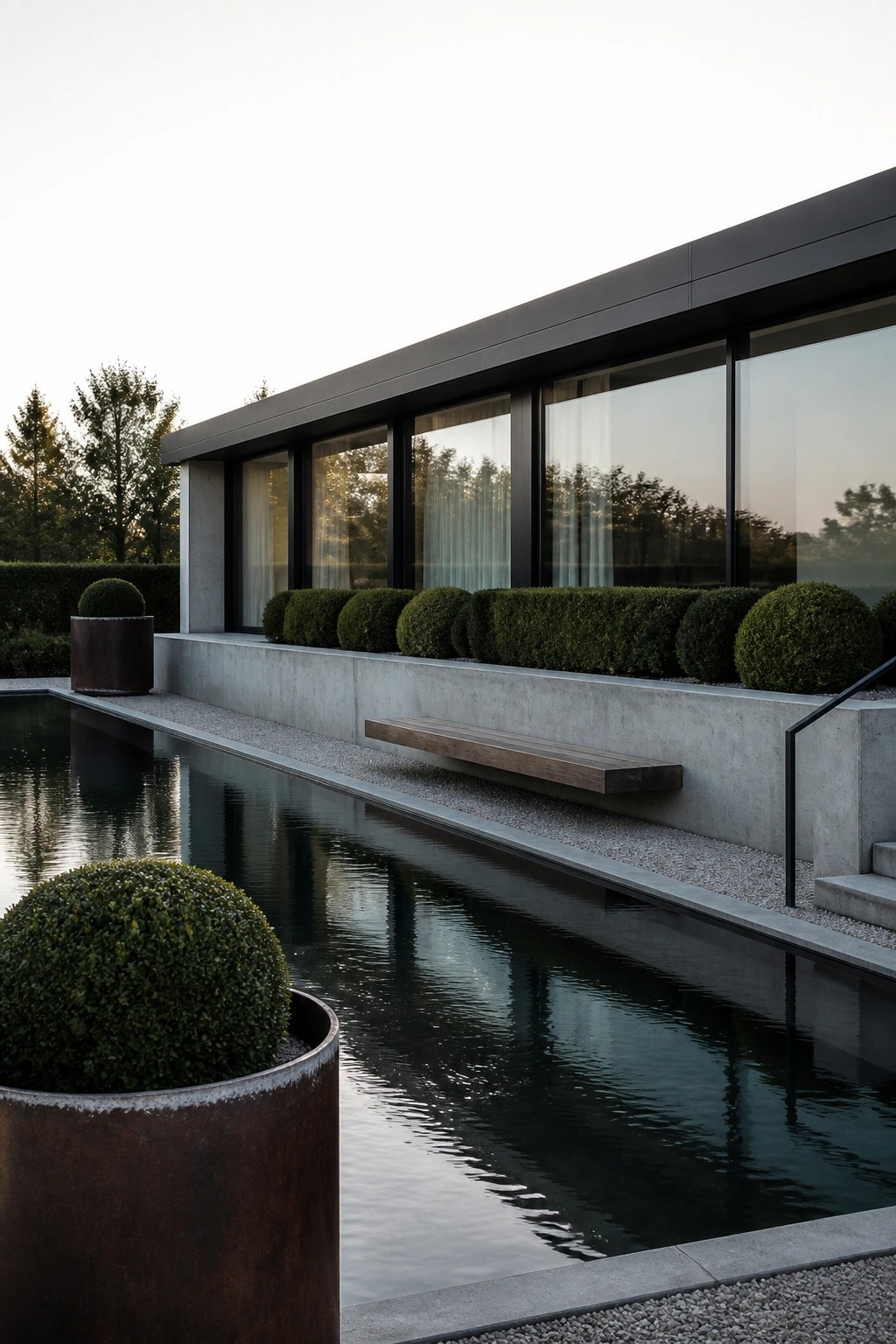 22 Minimalist Modern Pool Ideas for a Calm Contemporary Backyard A long rectangular pool runs alongside a modern house with large windows, featuring a wooden bench mounted on a concrete wall, rounded shrubs in metal planters, and gravel edging.