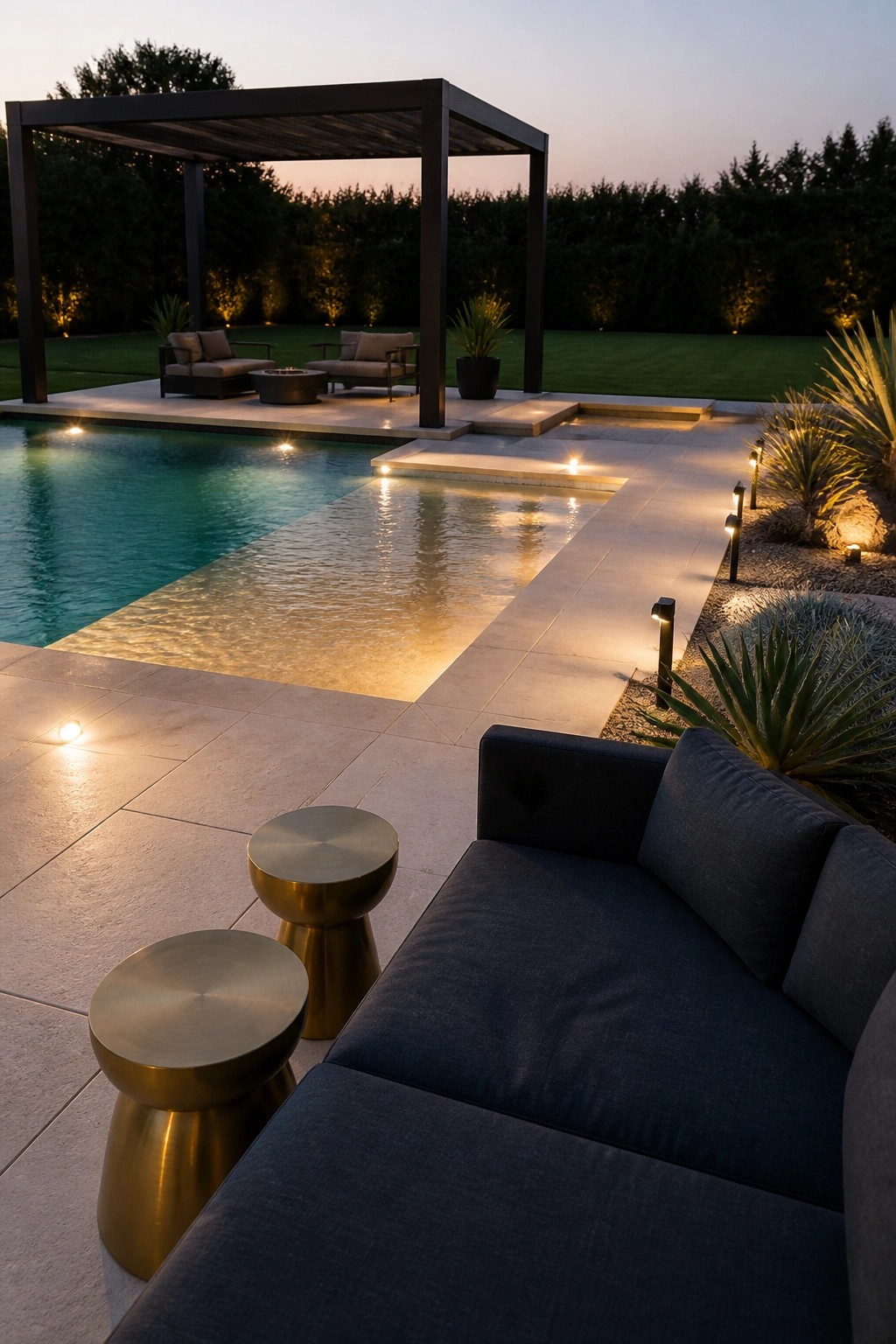 22 Minimalist Modern Pool Ideas for a Calm Contemporary Backyard Modern poolside patio at dusk with dark sofa, brass stools, and glowing pool lights.