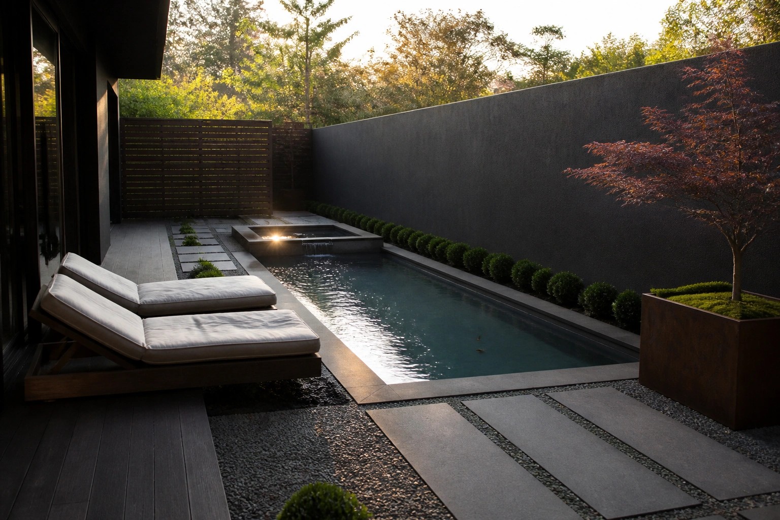 A long narrow pool runs beside a gravel path lined with rectangular stepping stones, with two lounge chairs at the far end and a large planter holding a small tree against a dark wall.