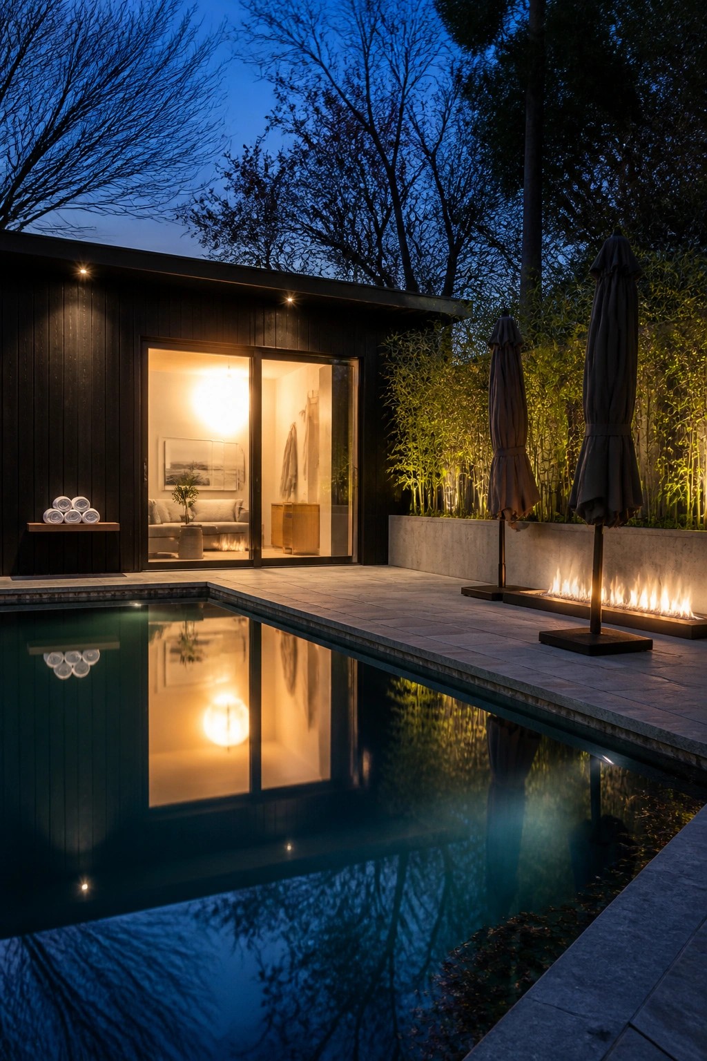 22 Minimalist Modern Pool Ideas for a Calm Contemporary Backyard A modern dark wood house at night with large sliding glass doors open to a rectangular pool, showing a lit interior and closed outdoor umbrellas beside a fire feature.