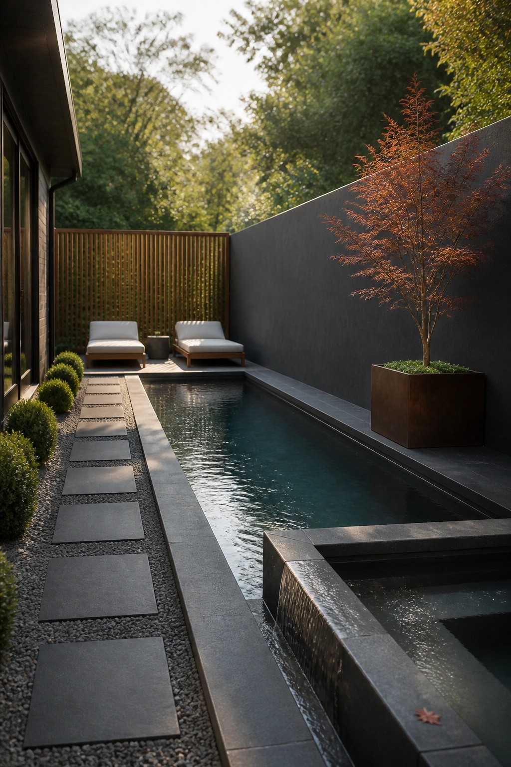 22 Minimalist Modern Pool Ideas for a Calm Contemporary Backyard A long narrow pool runs beside a gravel path lined with rectangular stepping stones, with two lounge chairs at the far end and a large planter holding a small tree against a dark wall.