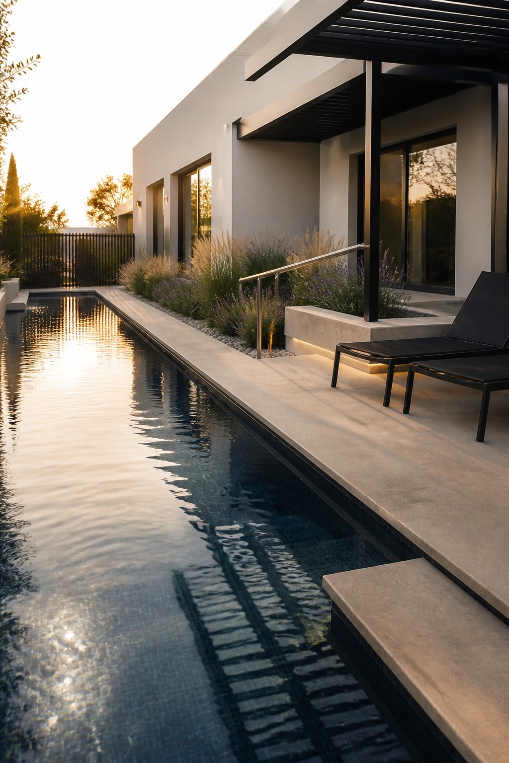 22 Minimalist Modern Pool Ideas for a Calm Contemporary Backyard A modern house exterior with a long rectangular pool running parallel to the building, two black lounge chairs on the concrete deck, and low ornamental grasses along the pool edge.