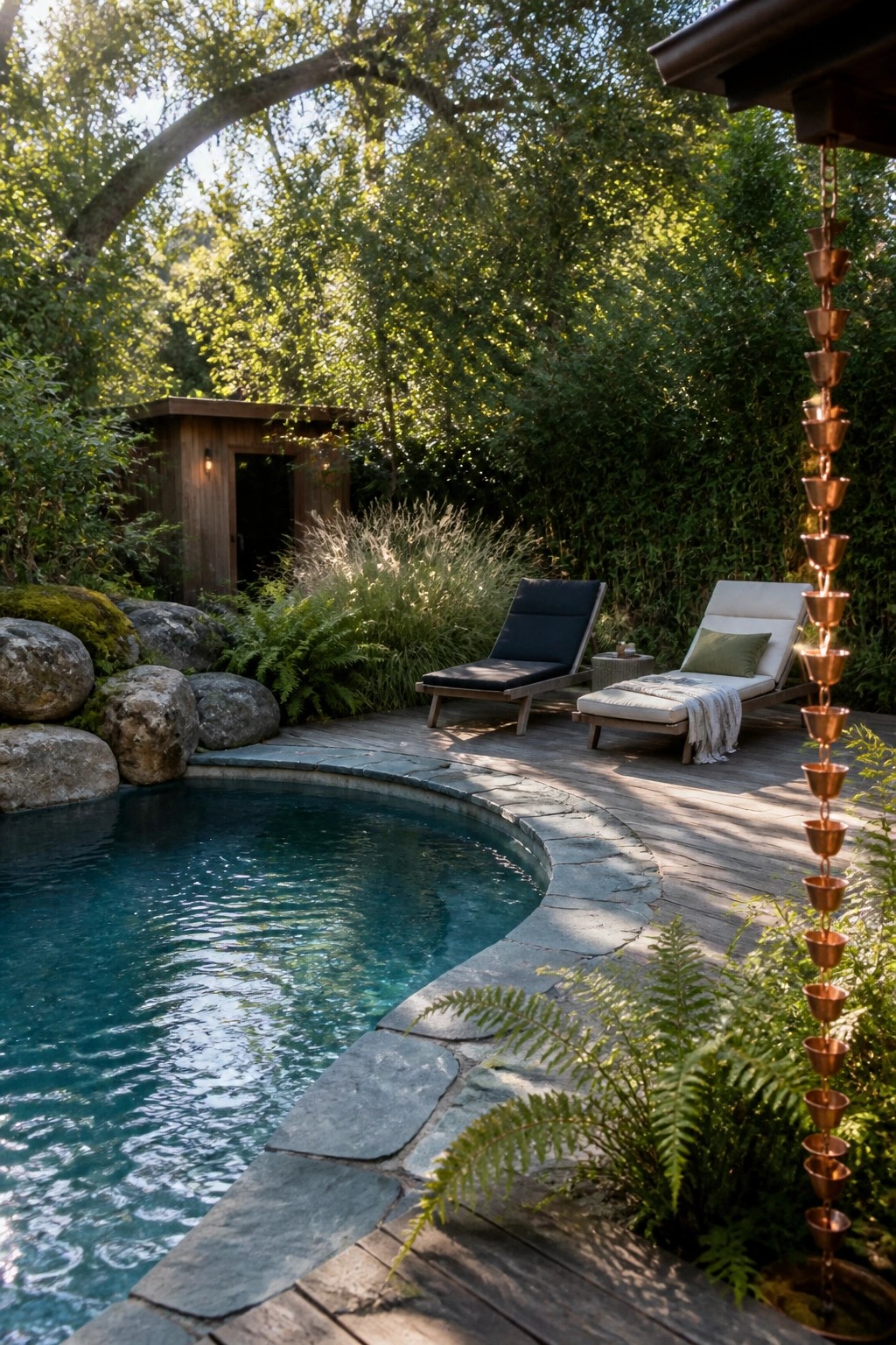 22 Minimalist Modern Pool Ideas for a Calm Contemporary Backyard Curved pool with stone edge, wooden deck, lounge chairs, and copper rain chain.