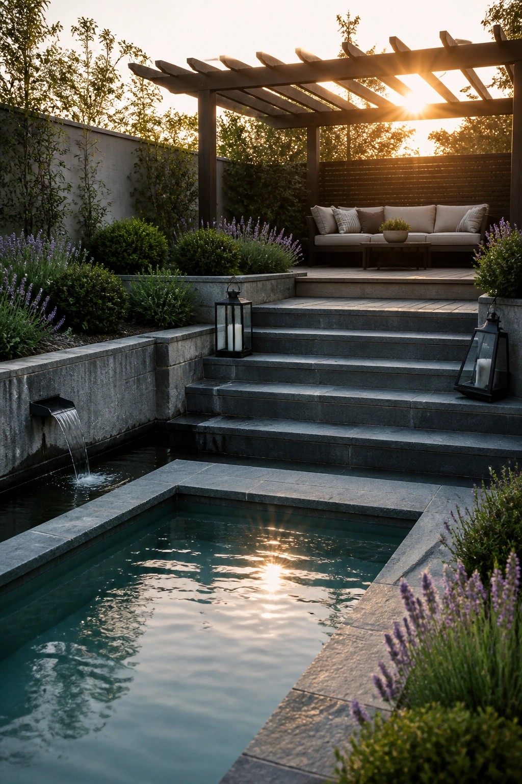 22 Minimalist Modern Pool Ideas for a Calm Contemporary Backyard Sunset-lit pool with waterfall, stone steps to pergola sofa and lanterns