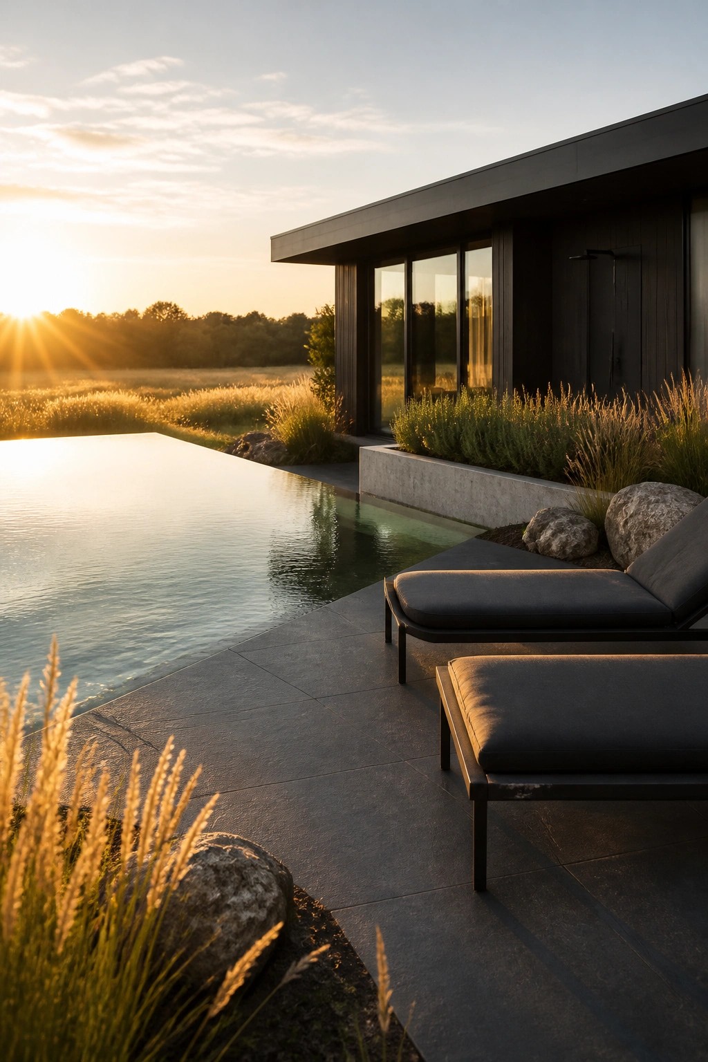 22 Minimalist Modern Pool Ideas for a Calm Contemporary Backyard Modern dark villa with infinity pool, lounge chairs, and grasses at sunset.