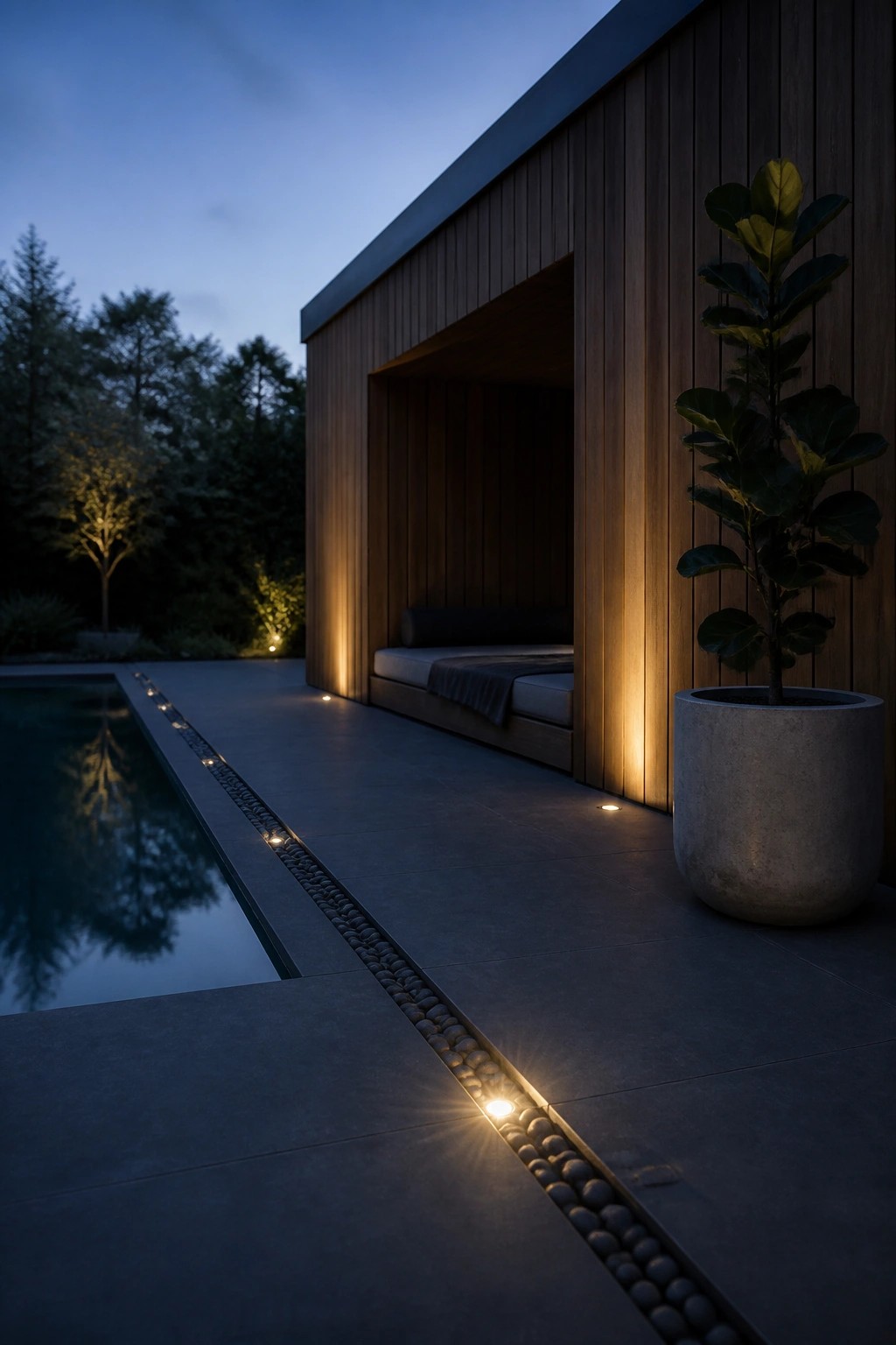22 Minimalist Modern Pool Ideas for a Calm Contemporary Backyard A modern wooden pool pavilion with a recessed daybed, concrete planter, and linear lighting along a dark-tiled pool at dusk.