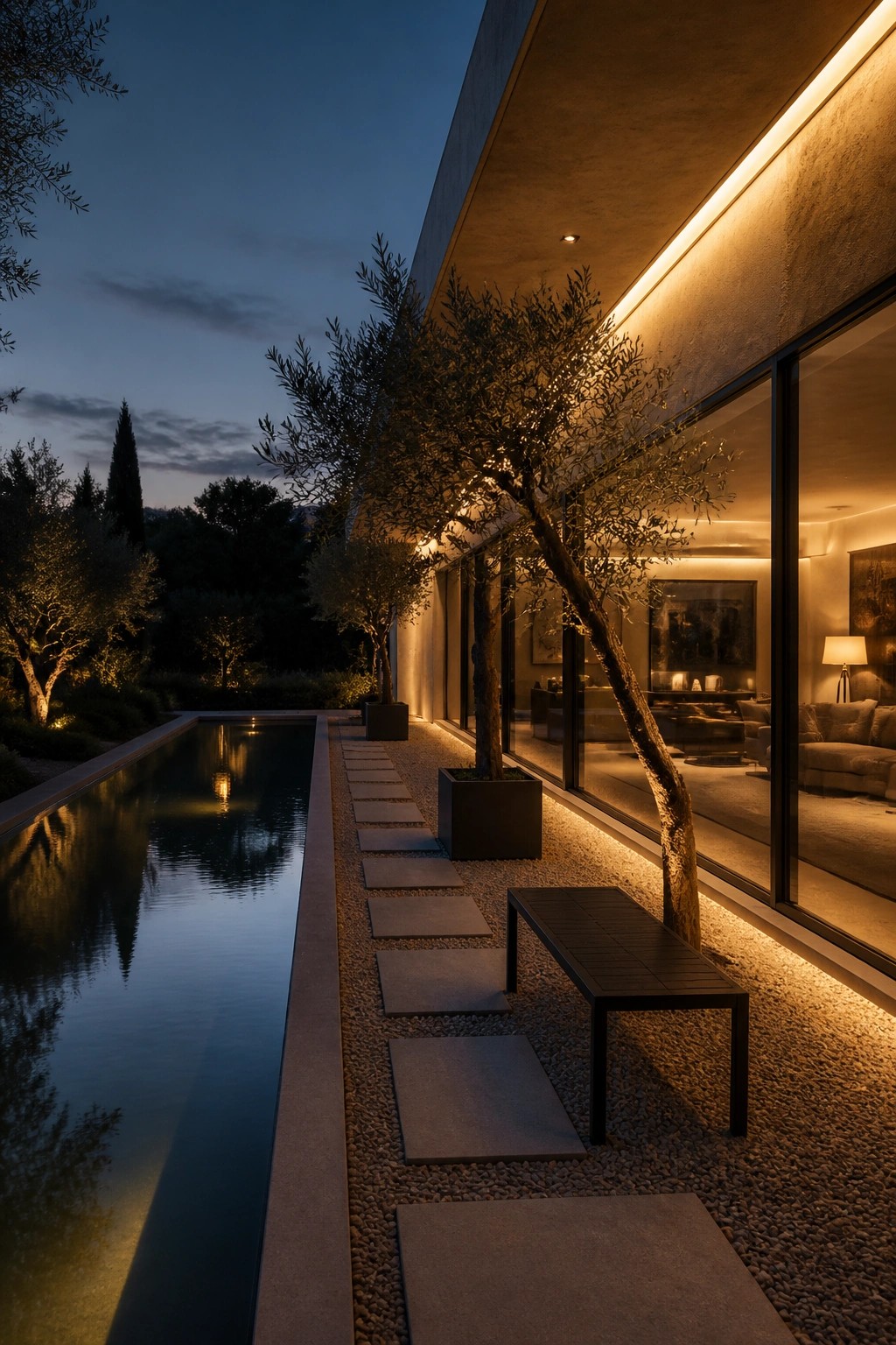 22 Minimalist Modern Pool Ideas for a Calm Contemporary Backyard A long rectangular pool at dusk with a gravel path lined by rectangular stepping stones, a dark bench, and large glass windows on the adjacent house.
