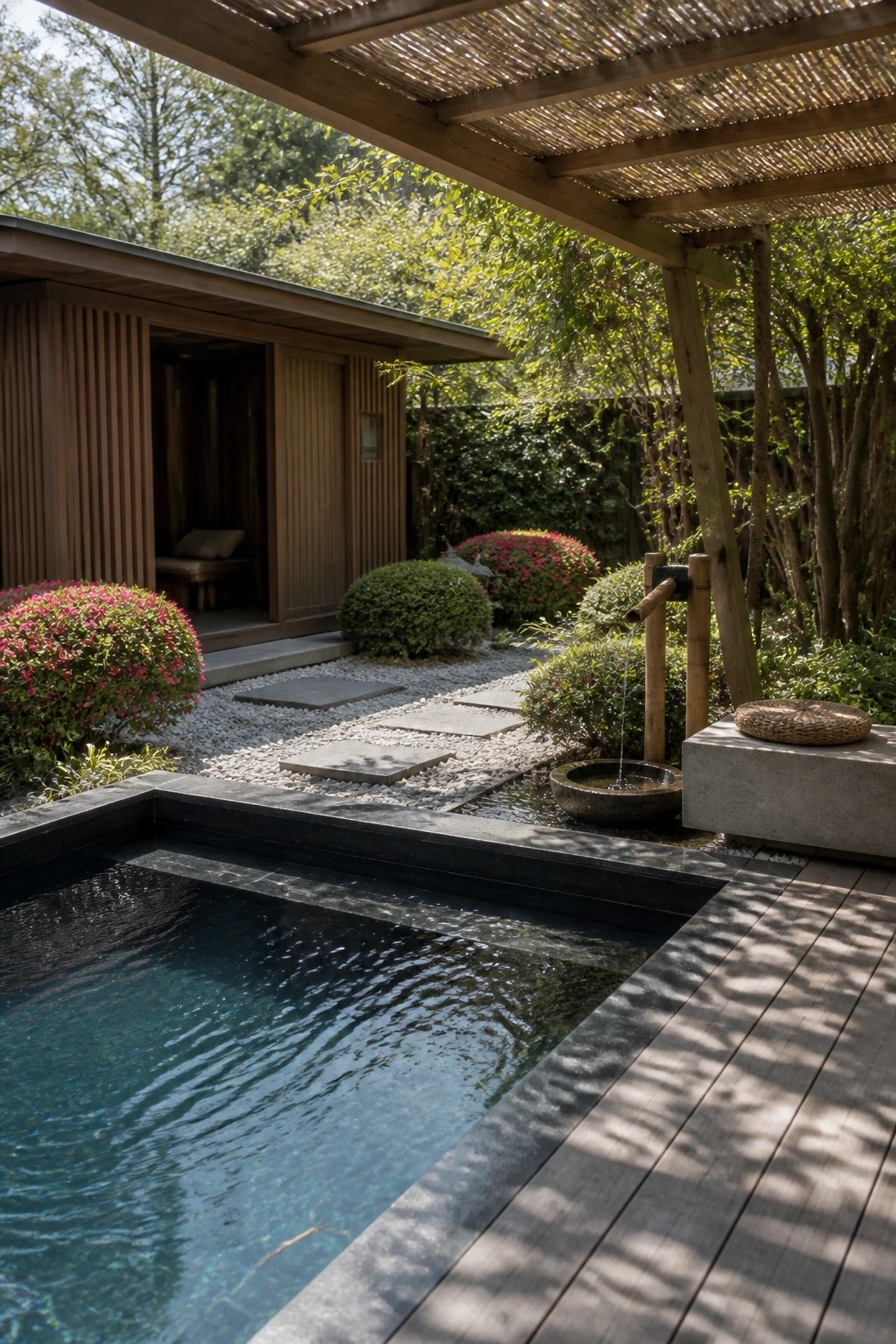 22 Minimalist Modern Pool Ideas for a Calm Contemporary Backyard A rectangular pool with dark stone edging next to a wooden deck, a bamboo water spout, and gravel paths with stepping stones in a garden.