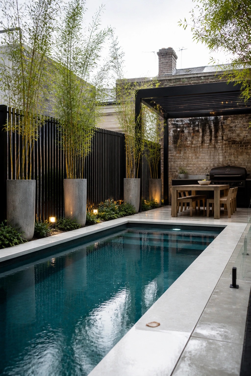 22 Minimalist Modern Pool Ideas for a Calm Contemporary Backyard Modern backyard pool with bamboo planters, wooden dining table, and brick wall