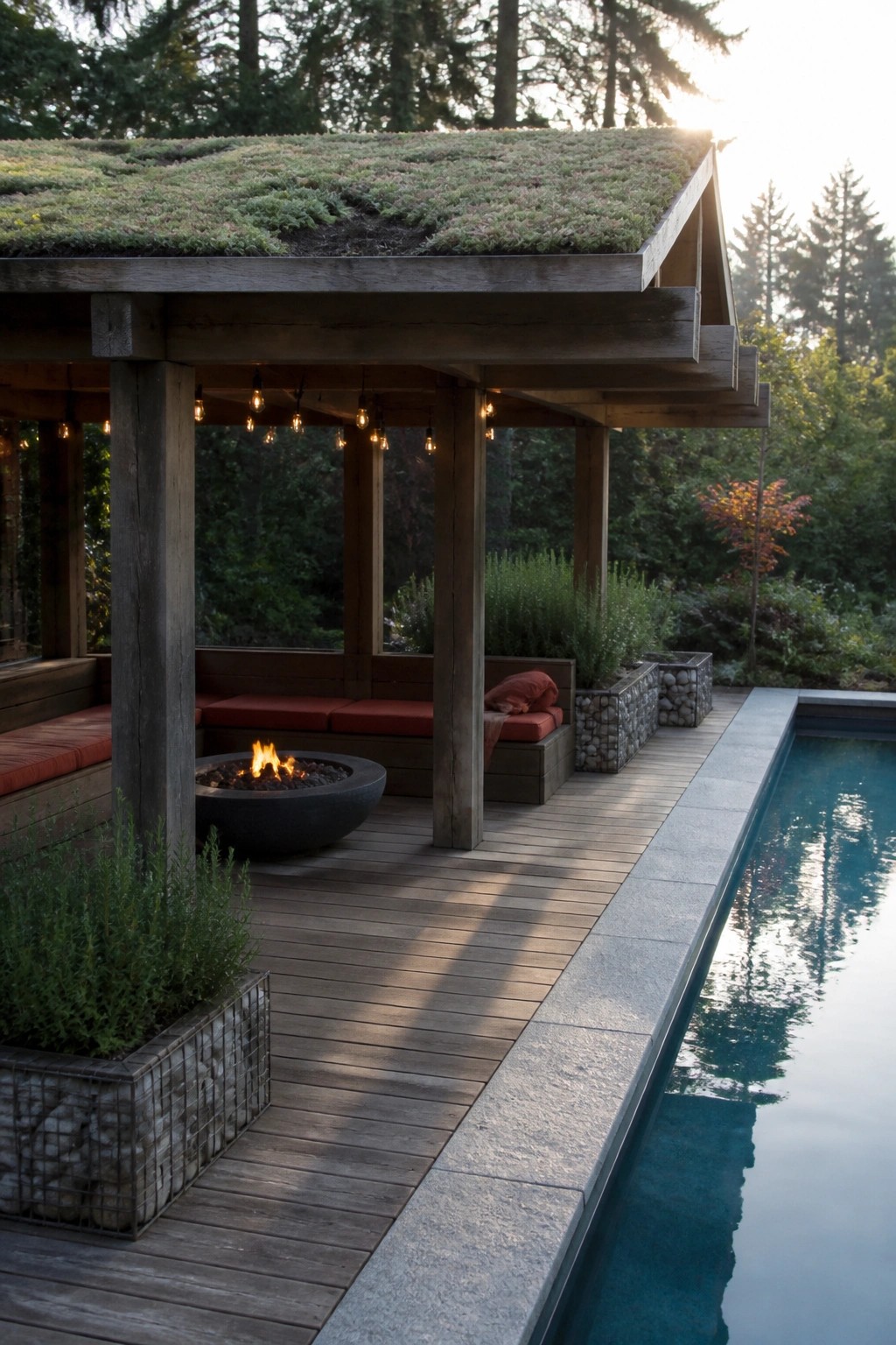22 Stunning Pool Shade Ideas for Cooler and More Comfortable Pool Days A wooden pavilion with a green roof sits beside a swimming pool, with built-in seating, a fire pit, and string lights on the deck.