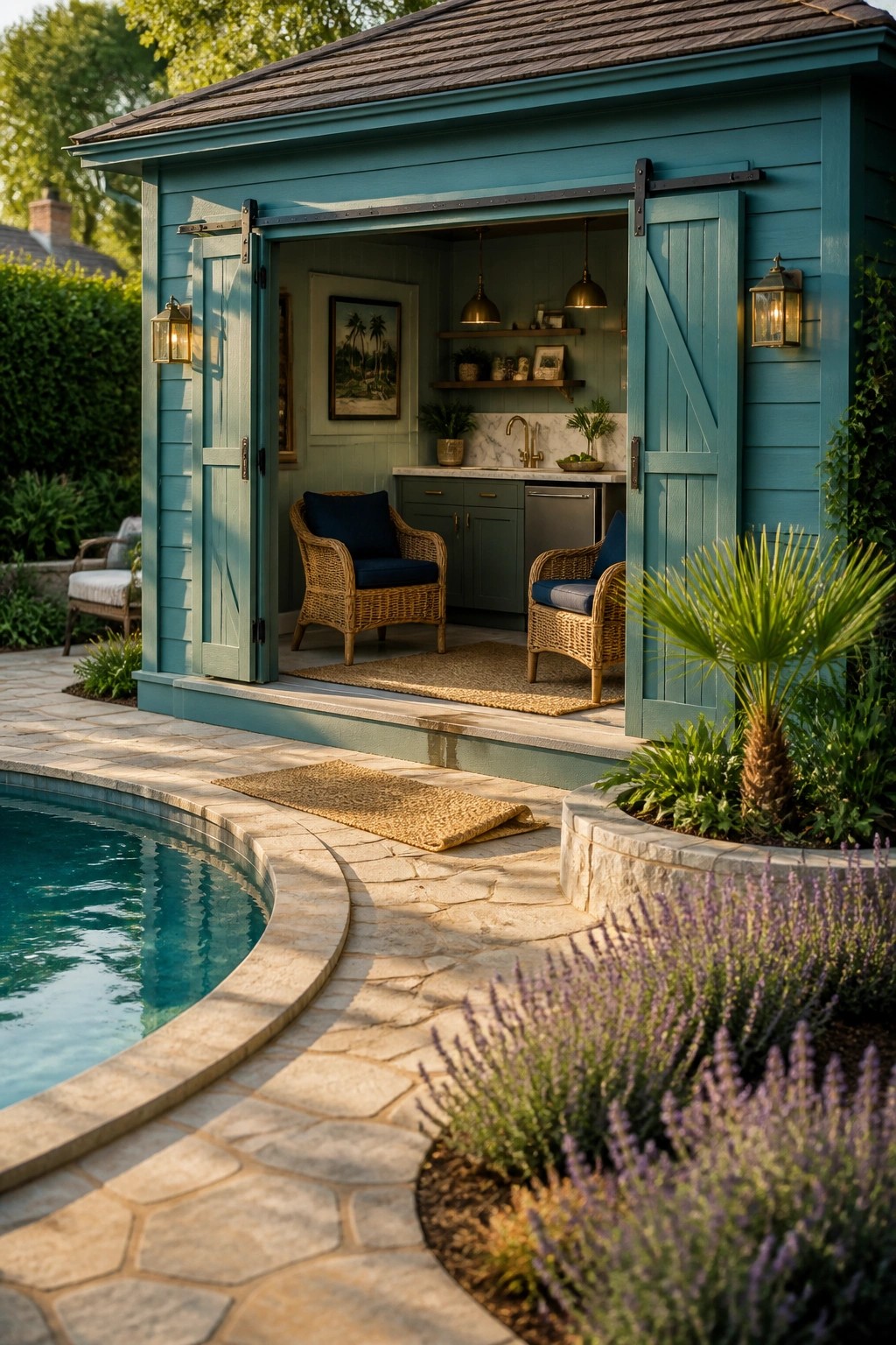 22 Stunning Pool Shade Ideas for Cooler and More Comfortable Pool Days A teal pool cabana with open barn doors sits beside a curved swimming pool on a stone patio, with wicker seating visible inside and lavender plants nearby.