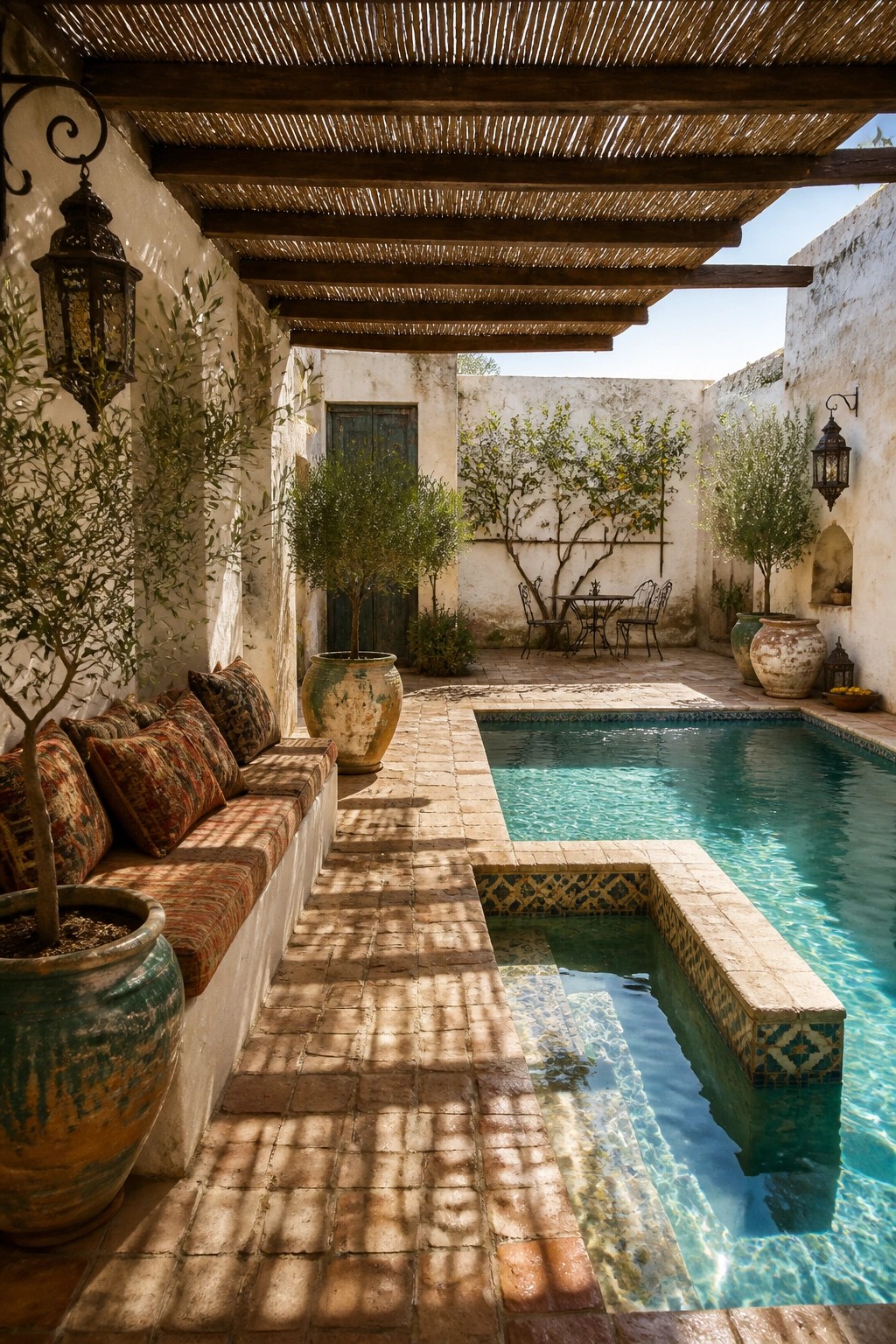22 Stunning Pool Shade Ideas for Cooler and More Comfortable Pool Days A swimming pool in a courtyard with a thatched wooden pergola shading a built-in bench with cushions, surrounded by potted plants and white walls.