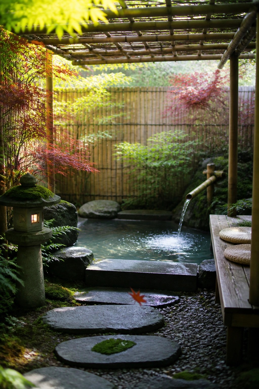 22 Stunning Pool Shade Ideas for Cooler and More Comfortable Pool Days A Japanese-style garden pool shaded by a bamboo lattice roof, with a stone lantern, stepping stones, and water flowing from a bamboo spout.