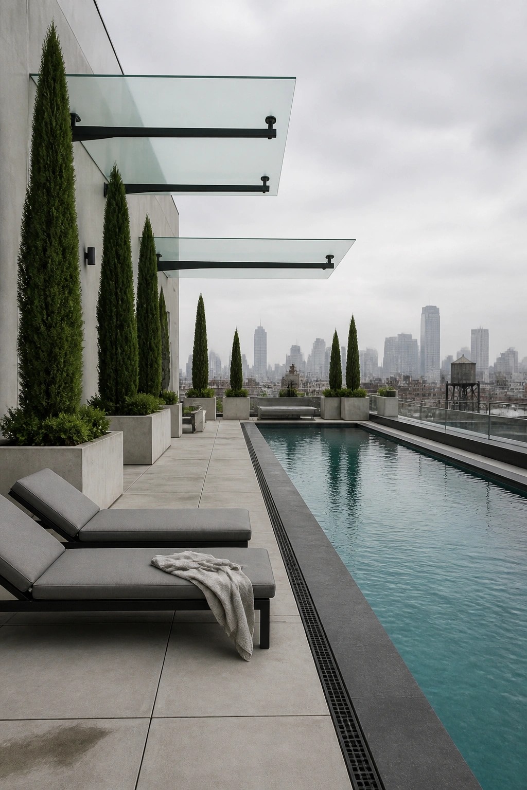 22 Stunning Pool Shade Ideas for Cooler and More Comfortable Pool Days Rooftop pool with gray lounge chairs, concrete planters, and cantilevered glass shade panels overlooking a city skyline.