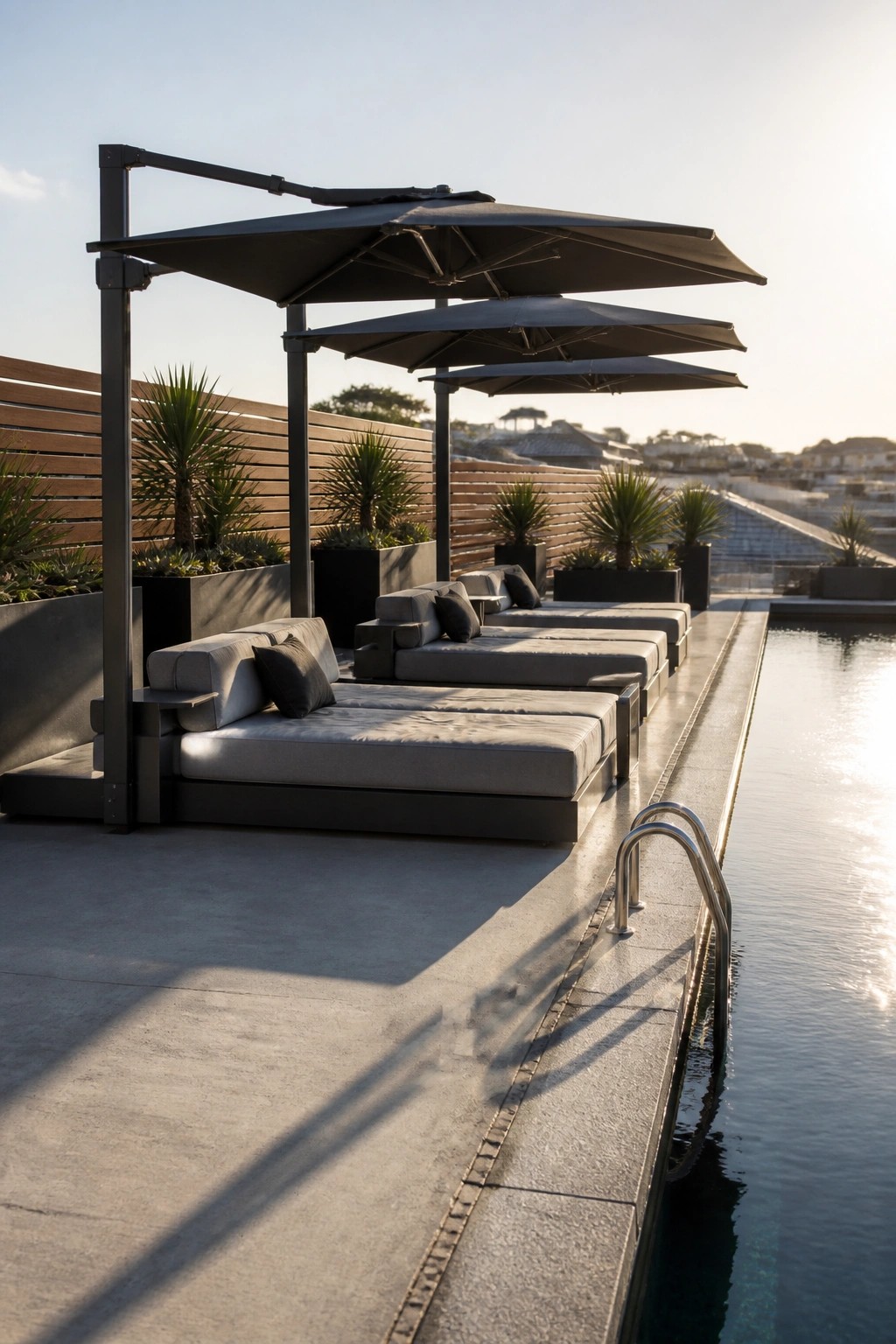22 Stunning Pool Shade Ideas for Cooler and More Comfortable Pool Days Multiple gray lounge chairs arranged beside a pool and shaded by large black cantilever umbrellas mounted on dark frames.