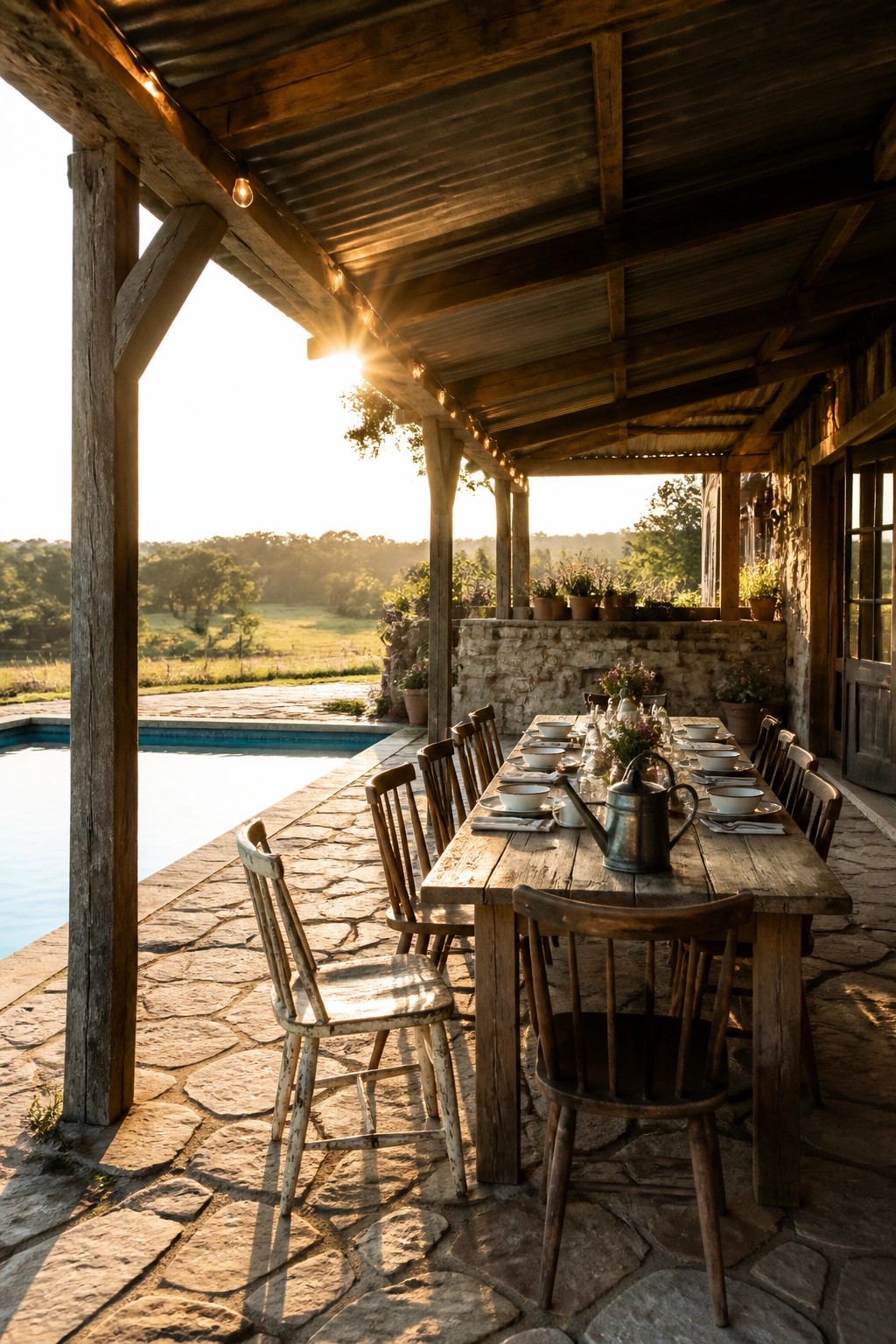 22 Stunning Pool Shade Ideas for Cooler and More Comfortable Pool Days Rustic wooden dining table set on stone patio overlooking pool at sunset