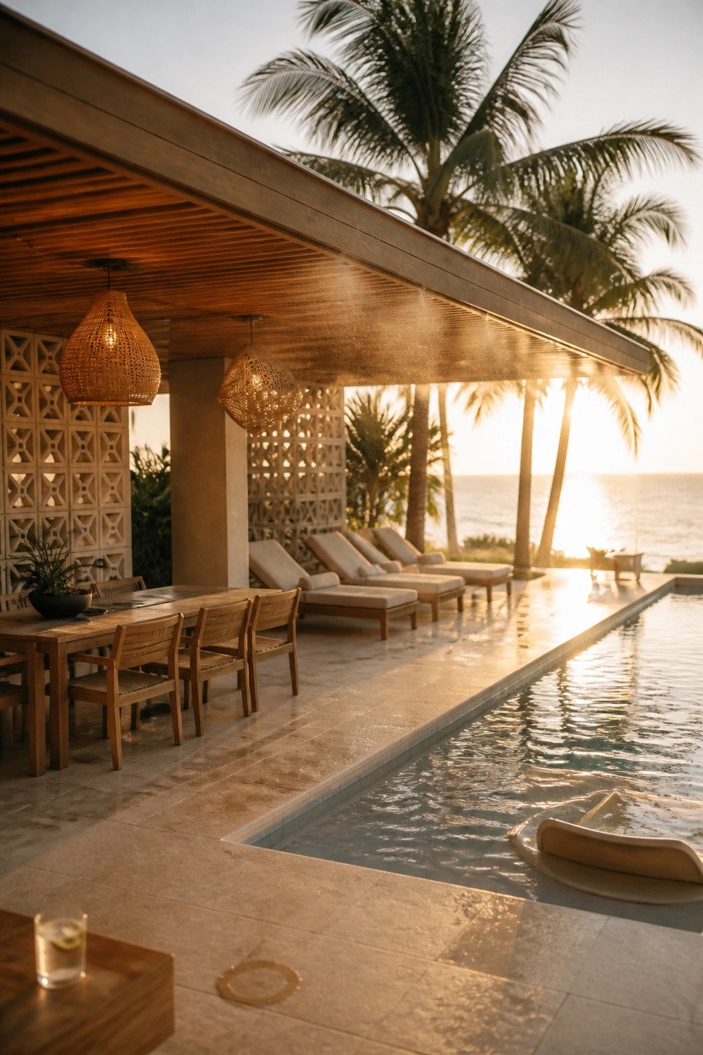 22 Stunning Pool Shade Ideas for Cooler and More Comfortable Pool Days A covered poolside patio with a wooden ceiling overhang, dining table, lounge chairs, and an infinity pool overlooking the ocean.