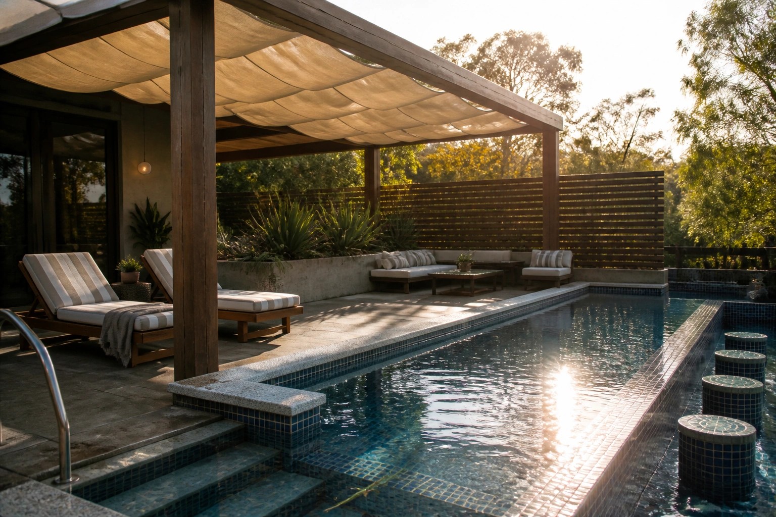 A wooden pergola with light fabric canopy shades striped lounge chairs next to a rectangular swimming pool with tiled steps and a metal handrail.