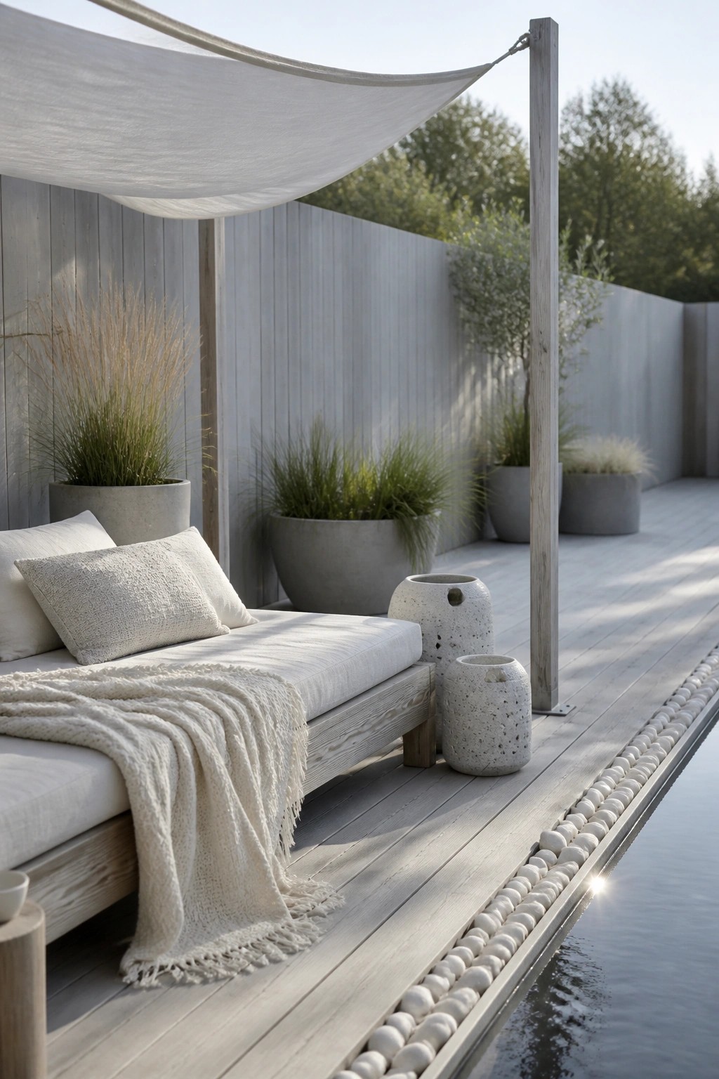 22 Stunning Pool Shade Ideas for Cooler and More Comfortable Pool Days A wooden pool deck with a white fabric shade canopy stretched over a cushioned daybed, next to potted plants and the water's edge.