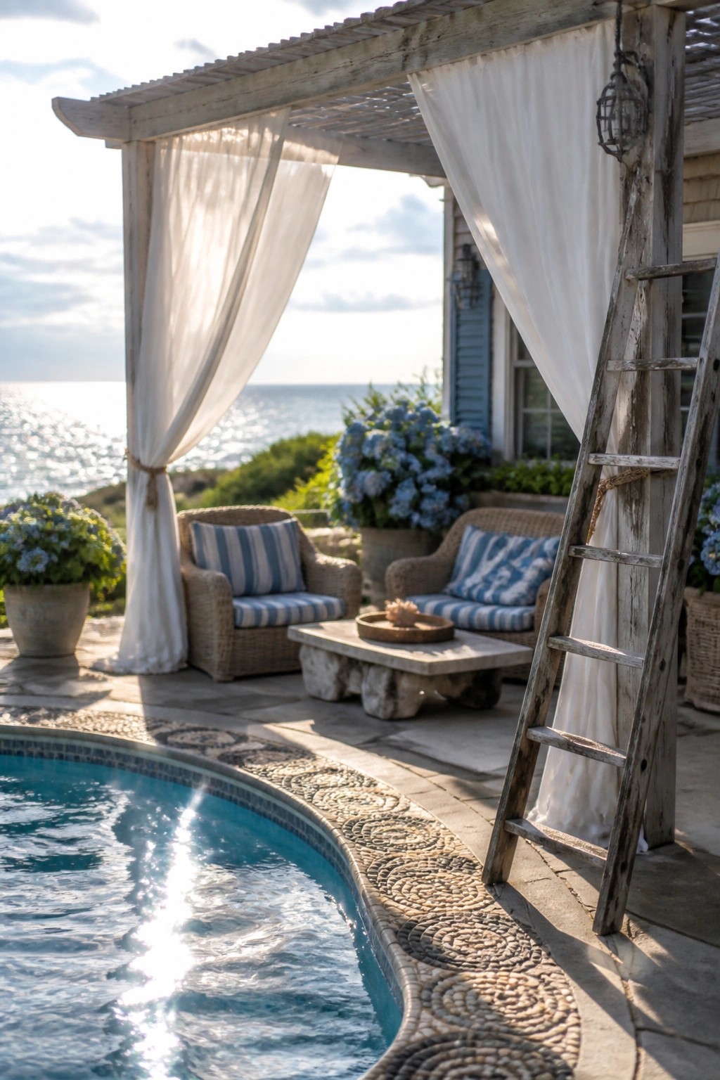 22 Stunning Pool Shade Ideas for Cooler and More Comfortable Pool Days Poolside patio with wicker chairs, white curtains, and ocean view under pergola