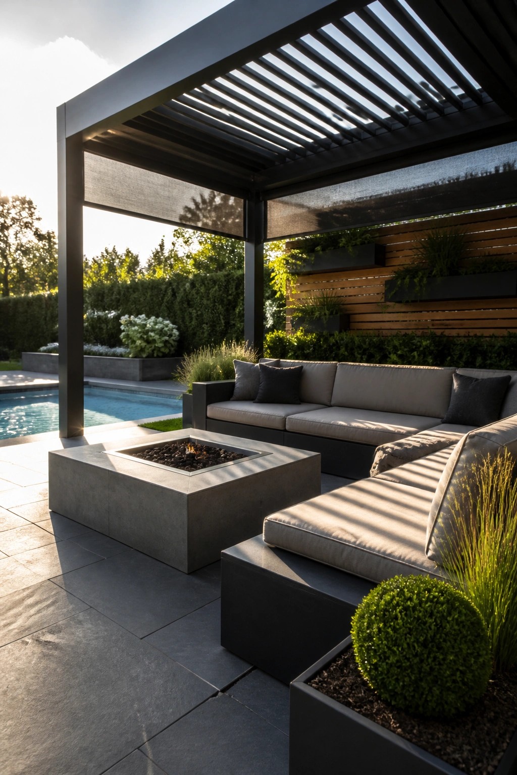22 Stunning Pool Shade Ideas for Cooler and More Comfortable Pool Days A modern black louvered pergola with mesh side shades covers a large outdoor sectional sofa and concrete fire pit next to a swimming pool.