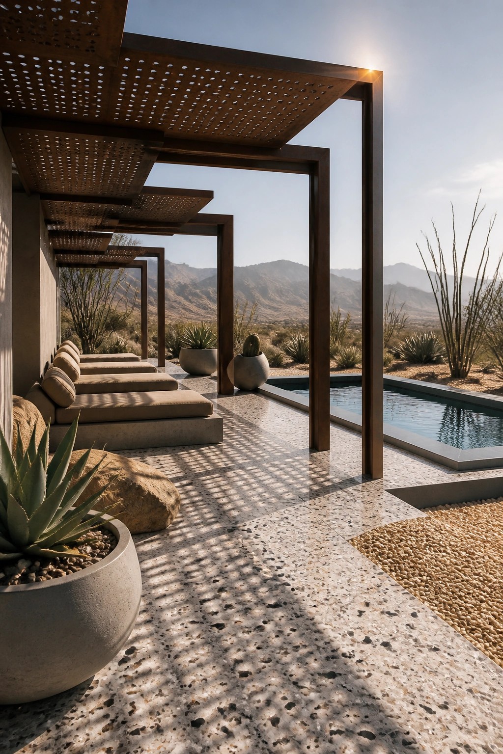 22 Stunning Pool Shade Ideas for Cooler and More Comfortable Pool Days A modern outdoor pool area with layered perforated metal shade structures over lounge seating next to a rectangular pool in a desert landscape.