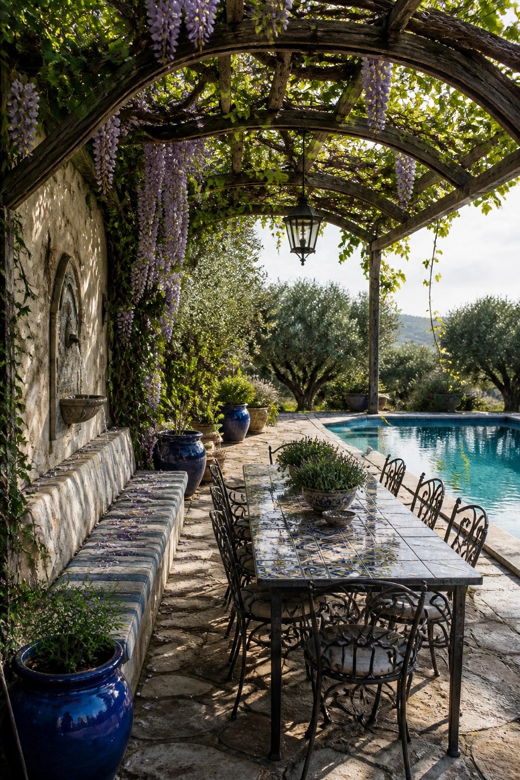 22 Stunning Pool Shade Ideas for Cooler and More Comfortable Pool Days Stone terrace under wisteria pergola with tiled table beside pool.