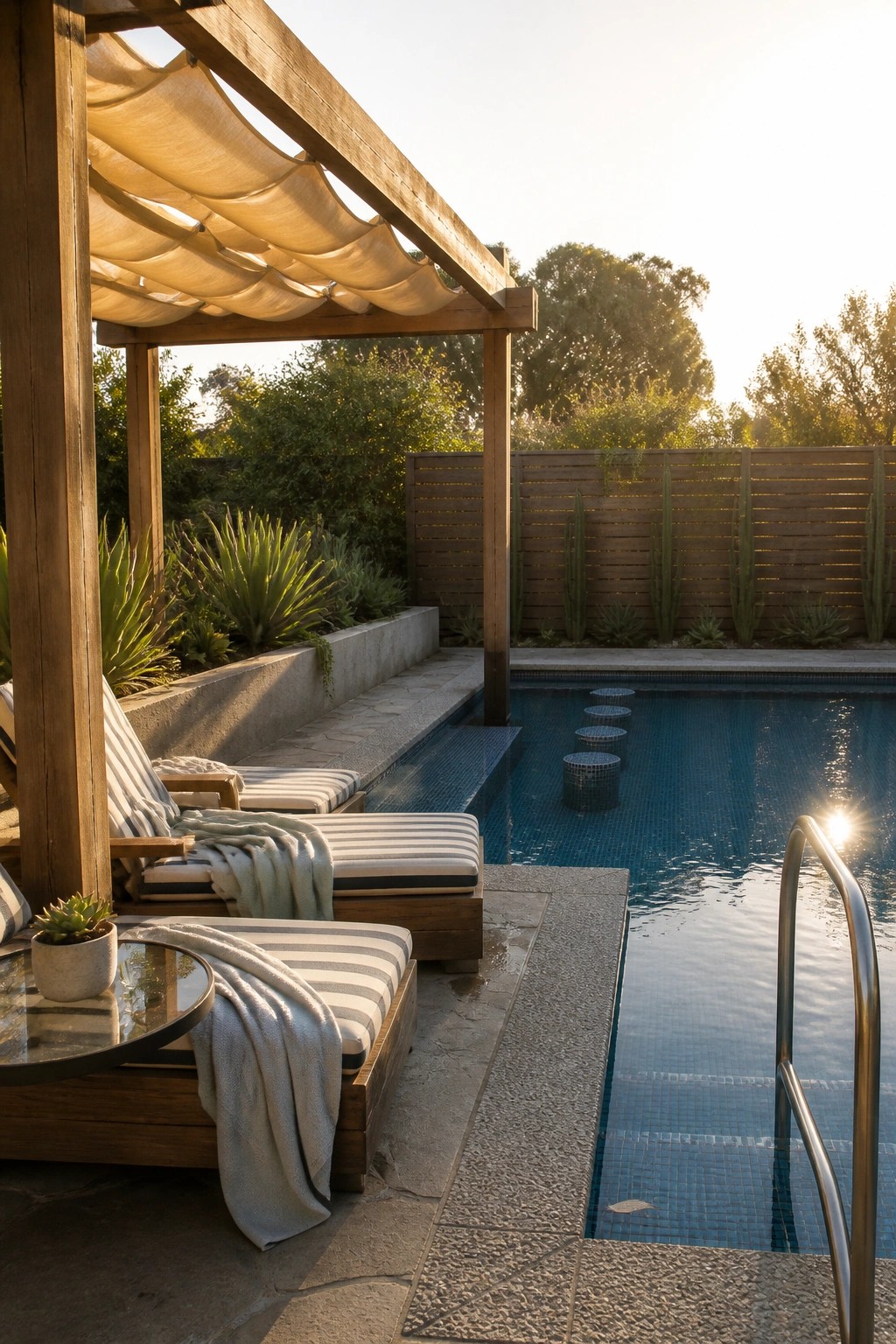 22 Stunning Pool Shade Ideas for Cooler and More Comfortable Pool Days A wooden pergola with light fabric canopy shades striped lounge chairs next to a rectangular swimming pool with tiled steps and a metal handrail.