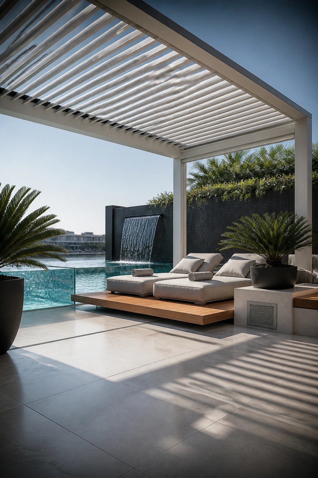 22 Stunning Pool Shade Ideas for Cooler and More Comfortable Pool Days Modern white pergola with horizontal slats shading two lounge chairs beside an infinity pool with a waterfall feature.