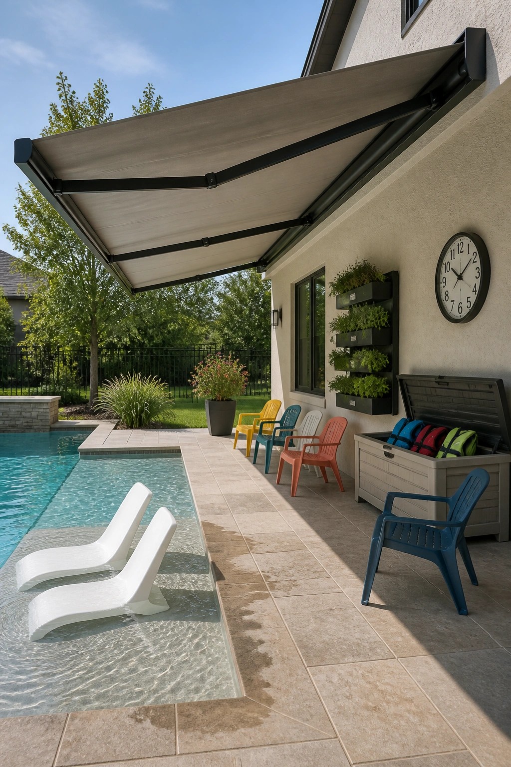 22 Stunning Pool Shade Ideas for Cooler and More Comfortable Pool Days A backyard pool with a large beige retractable awning extended from the house, providing shade over a patio with colorful plastic chairs and a storage bench.