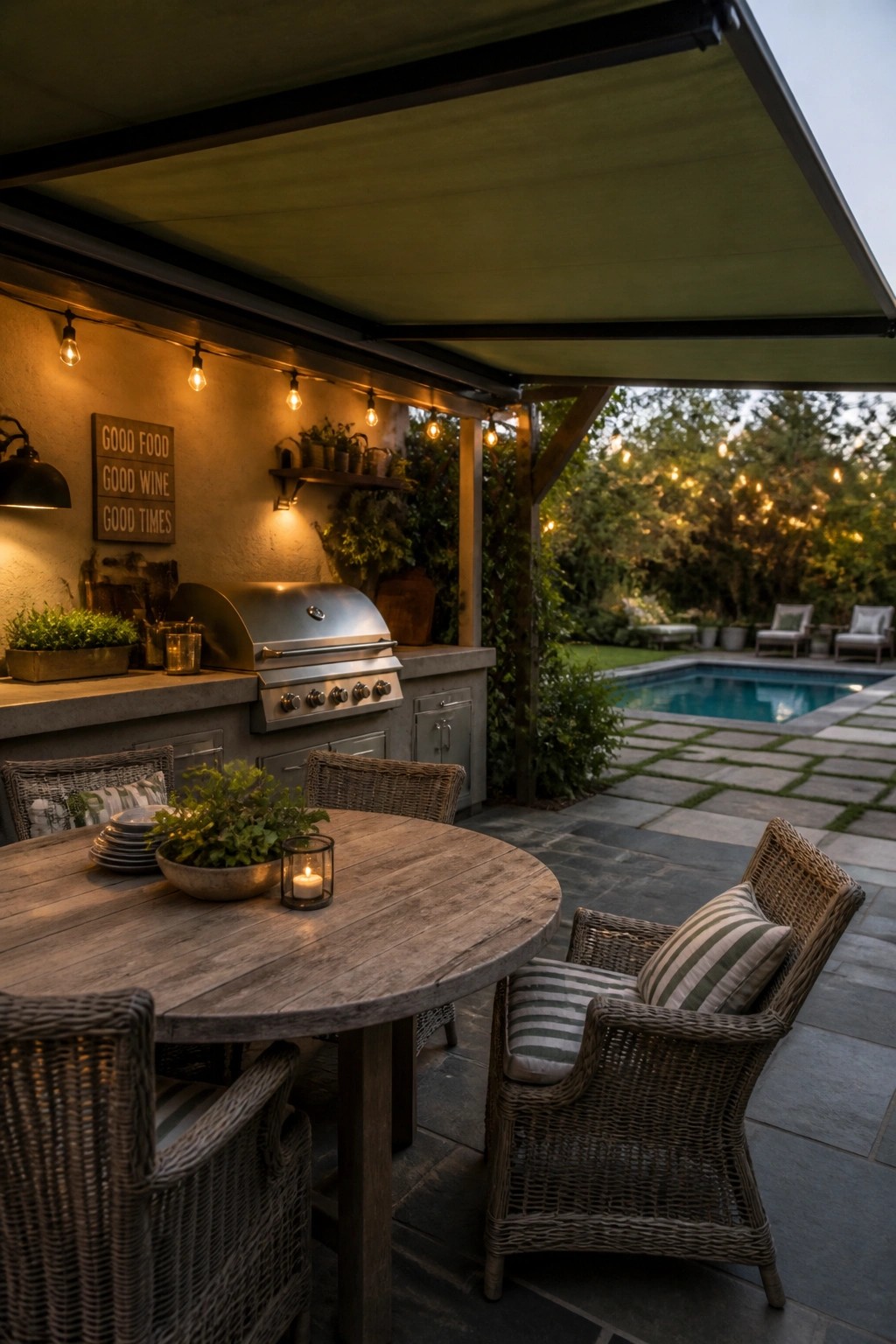 22 Stunning Pool Shade Ideas for Cooler and More Comfortable Pool Days Outdoor patio with a large green awning covering a round wooden table and wicker chairs, with a swimming pool visible in the background.