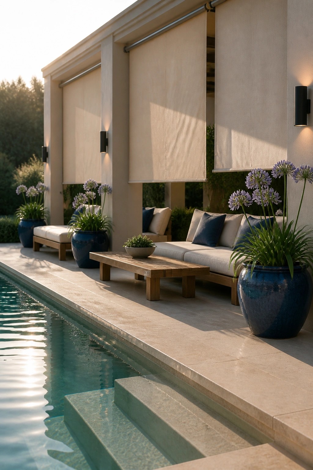 22 Stunning Pool Shade Ideas for Cooler and More Comfortable Pool Days A poolside patio with a wooden sofa, coffee table, large blue planters, and beige retractable roller shades mounted along the exterior wall.